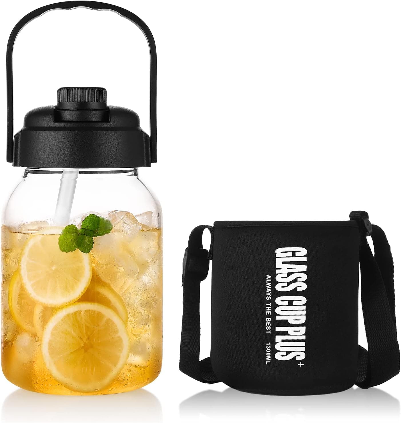 Large Glass Water Bottle with Straw - ZDZDZ 44oz Sport Straw Water Bottle with Sleeve & Adjustable Strap, Wide Mouth Glass Drinking Water Bottle for Travel Outdoor