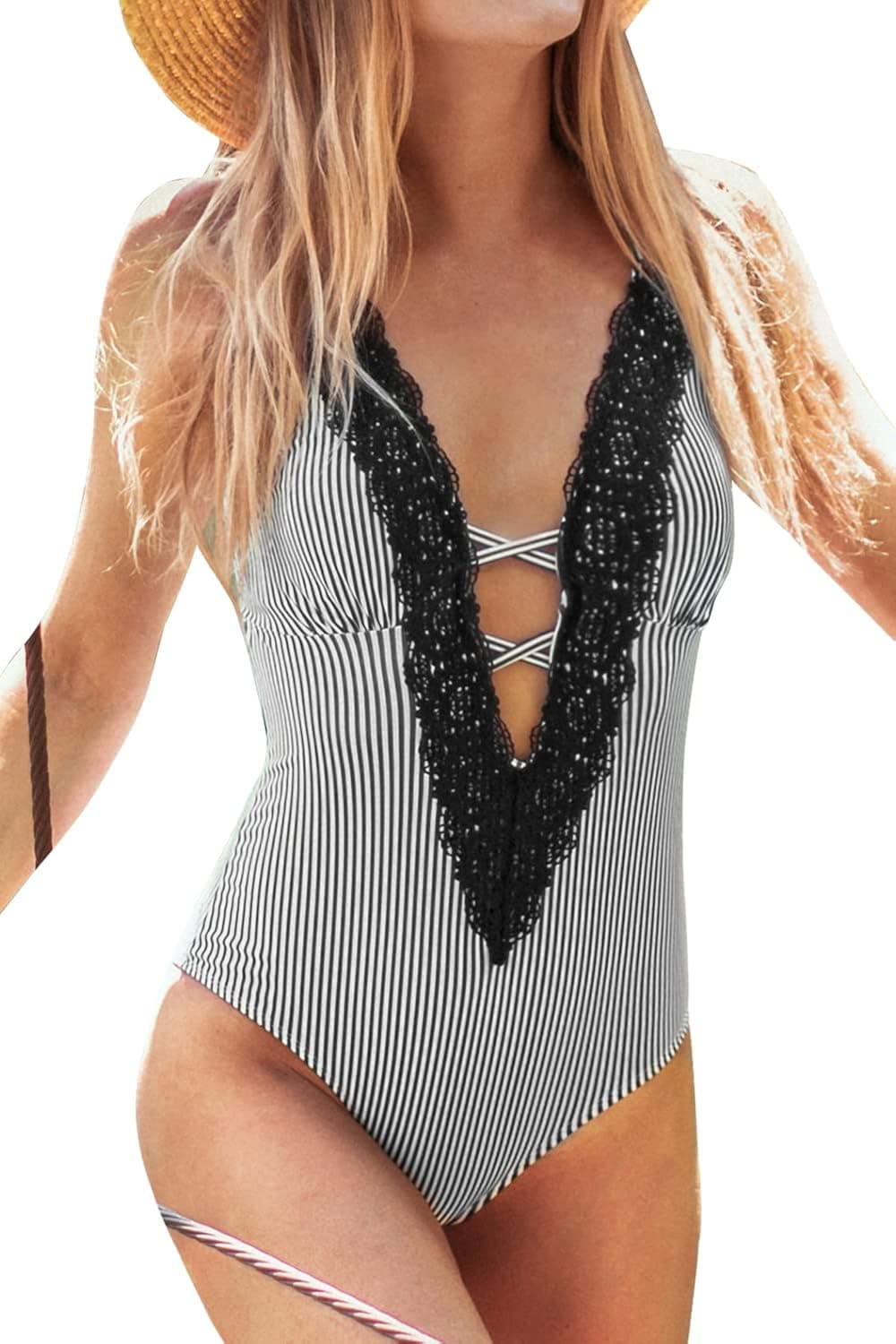 CUPSHE Women's One Piece Vintage Lace Deep V Neck Cutout Swimsuit