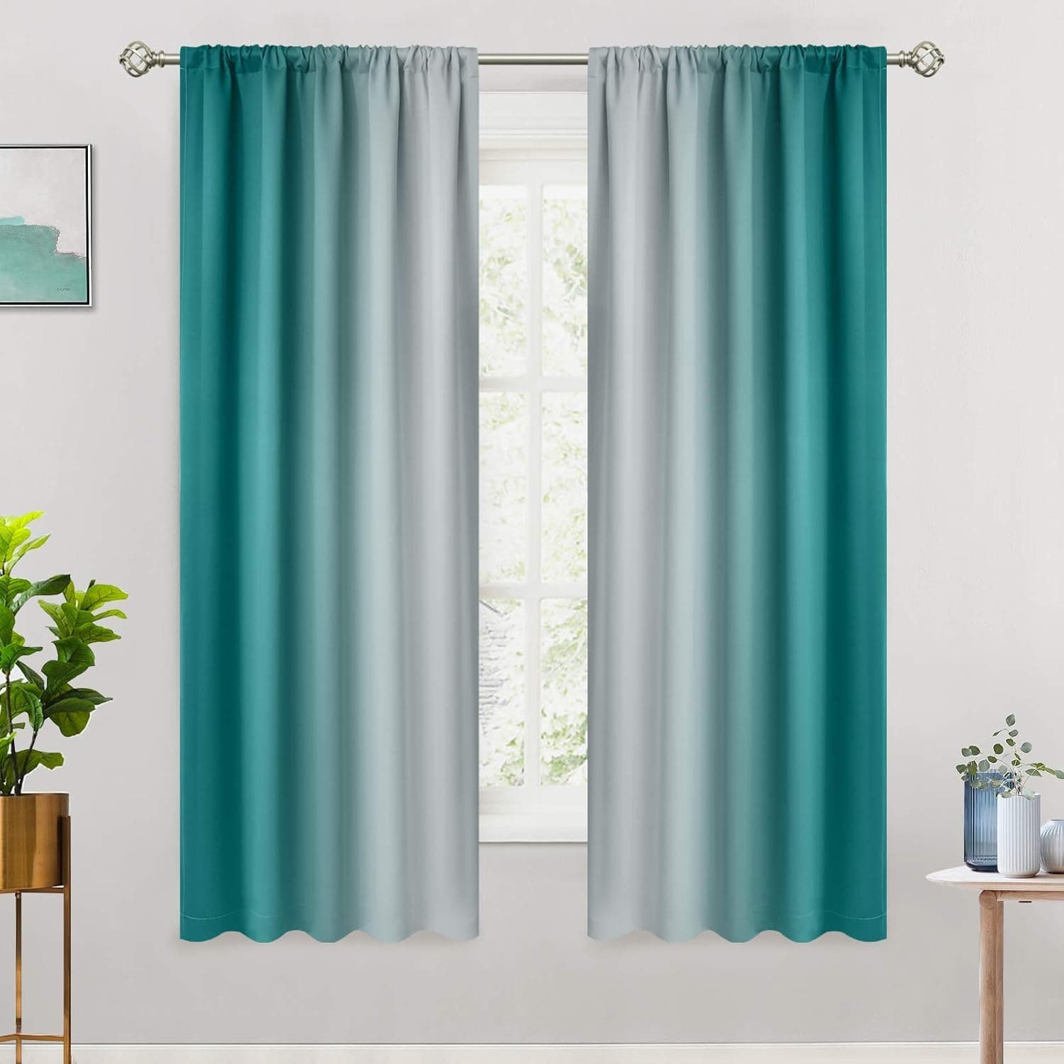 COSVIYA Rod Pocket Ombre Room Darkening Curtains 63 inch Length, Teal and Greyish White Gradient Drapes Light Blocking Insulated Thermal Window Curtains for Bedroom/Living Room,2 Panels,52x63 inches