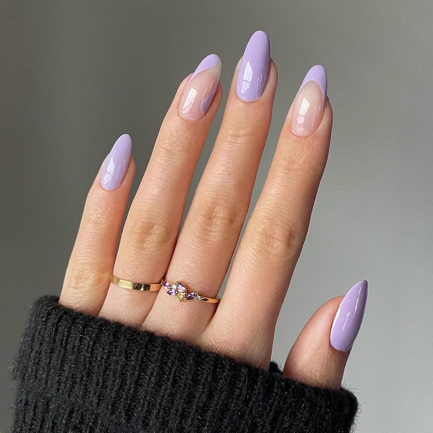 24 Pcs Press on Nails Medium, Sunjasmine Almond Fake Nails with Nail Glue, False Nails with Designs Acrylic Nails Glue on Nails for Women and Girls (Purple)