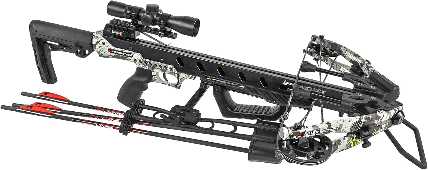 KILLER INSTINCT Ripper 425 Crossbow Pro Package with LUMIX 4x32 IR-W Scope, Rope Cocker, 5-Bolt Quiver, 3 Hypr Bolts with Field Tips, Stick of Rail Lube