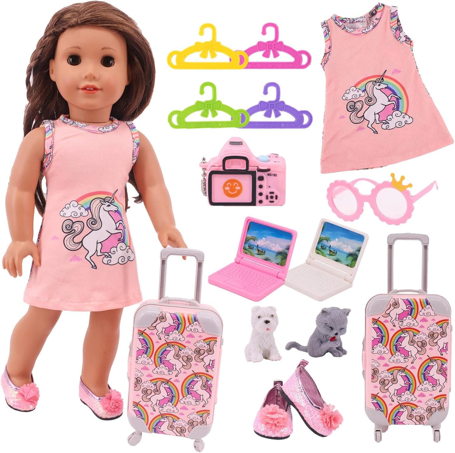 ZWSISU 13 PCS 18 Inch Doll Travel Set Suitcase Unicorn Clothes Shoes Sunglasses and Computers Pets Camera Hangers Playset for 18 Inch Girl Doll/43cm New Baby Born Doll Not Include Doll