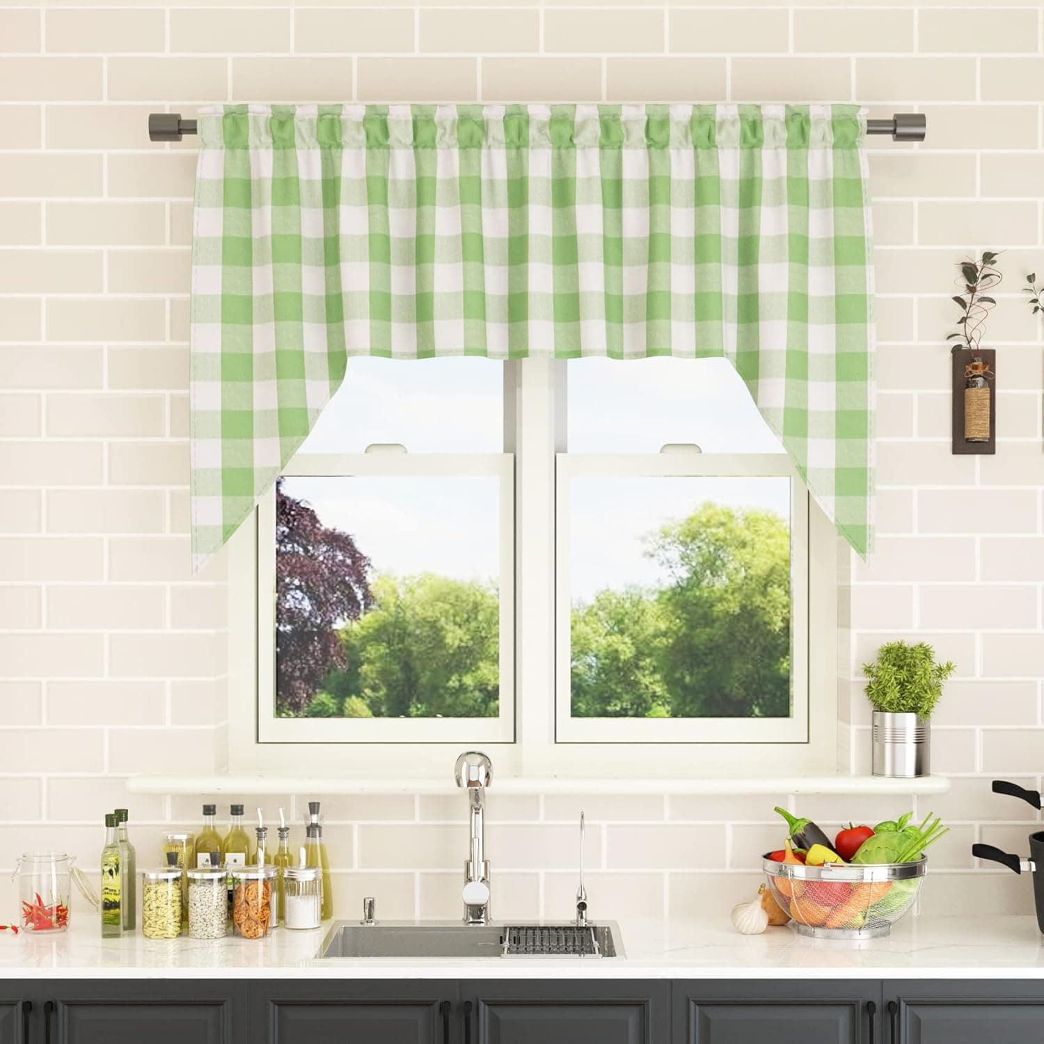 NATUS WEAVER Curtain Swags for Widnows 1 Panel Classic Buffalo Check Swag Country Farmhouse Kitchen Window Curtain -Greyish Green & White, W 54" x L 36" with a 16" Center Drop