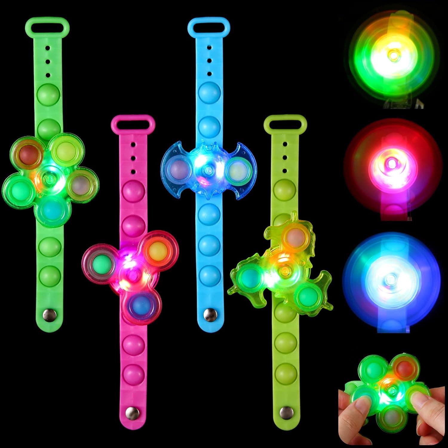 Effacera 4 Packs Pop Bracelet,Glow in The Dark Party Supplies,Easter Basket Stuffers Fidget Spinner Toys Party Favors for Kids Lights Up Bracelet Easter Egg Filler Fidget Toy (4)