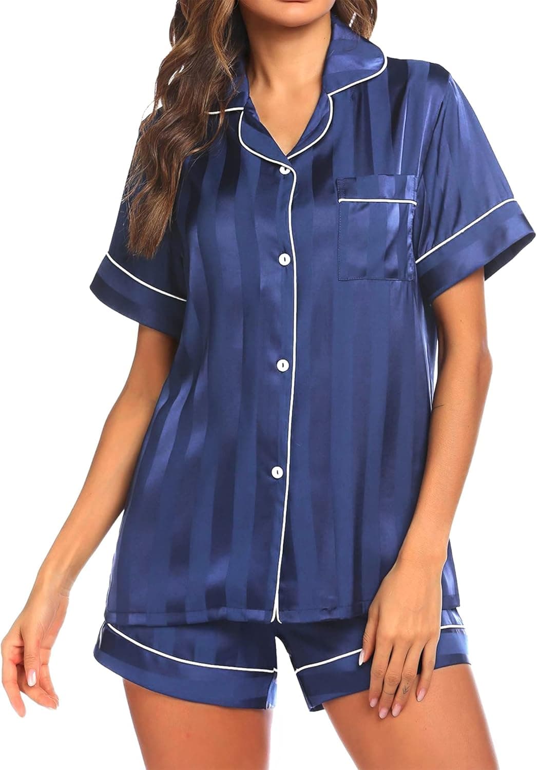 Ekouaer Women Satin Sleepwear Set Soft Short Sleeve Casual Wear Sexy Silk Nightwear Set(Navy Blue,Medium)