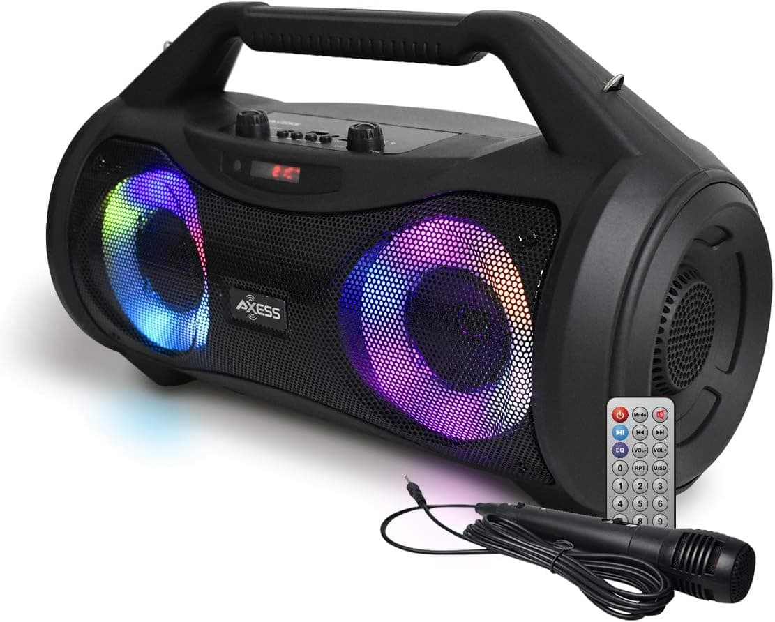 Axess Portable Bluetooth Boombox Speaker MPBT6507 25 watt RMS Power - Portable Media Speaker with Subwoofer, Stereo Sound, TWS Feature - USB, TF Card, 3.5MM AUX Outputs - FM and Microphone Input