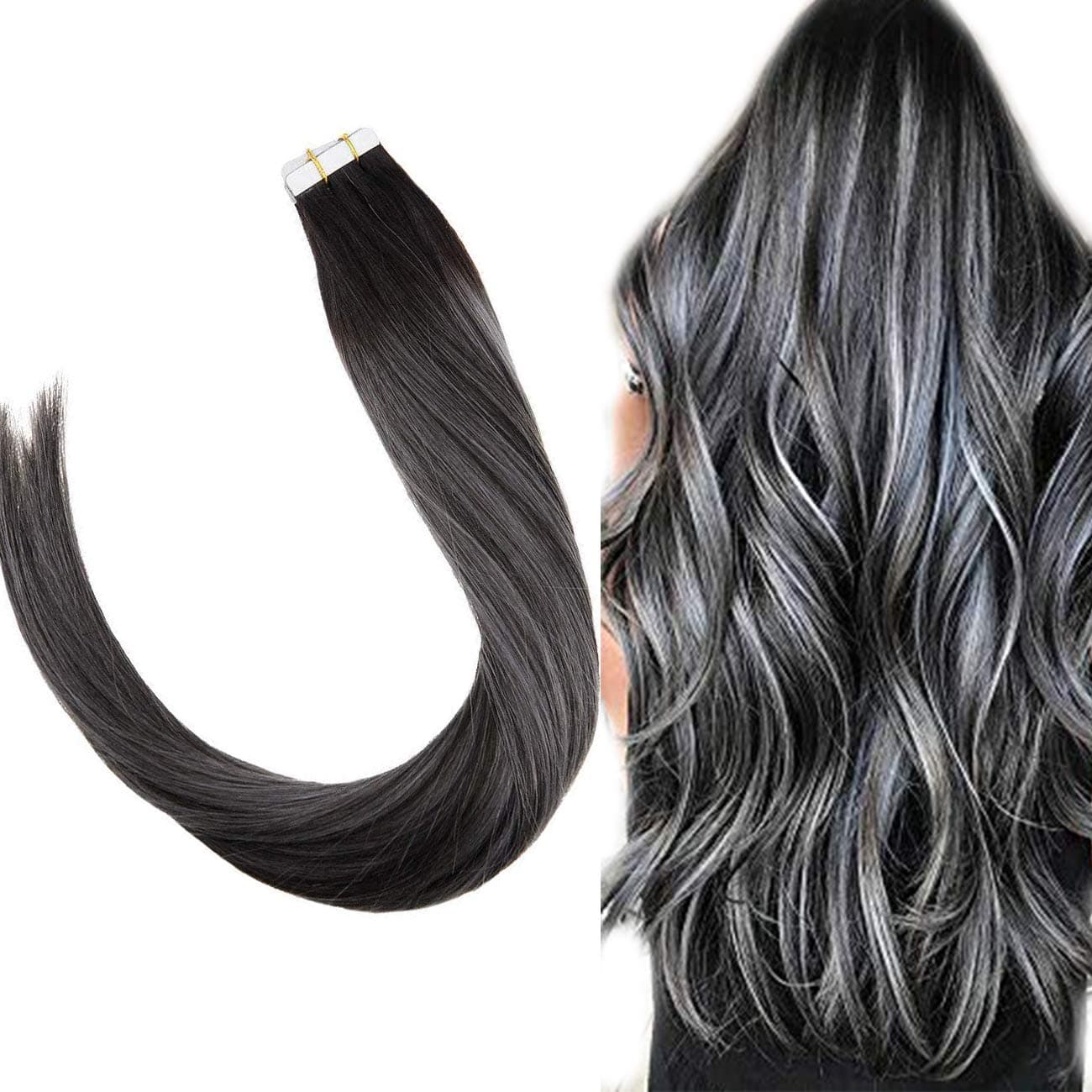 Tape in Extensions Real Human Hair For Thick Hair Colored Off Black to Silver Seamless Hair Extensions 20 Pcs 50gram
