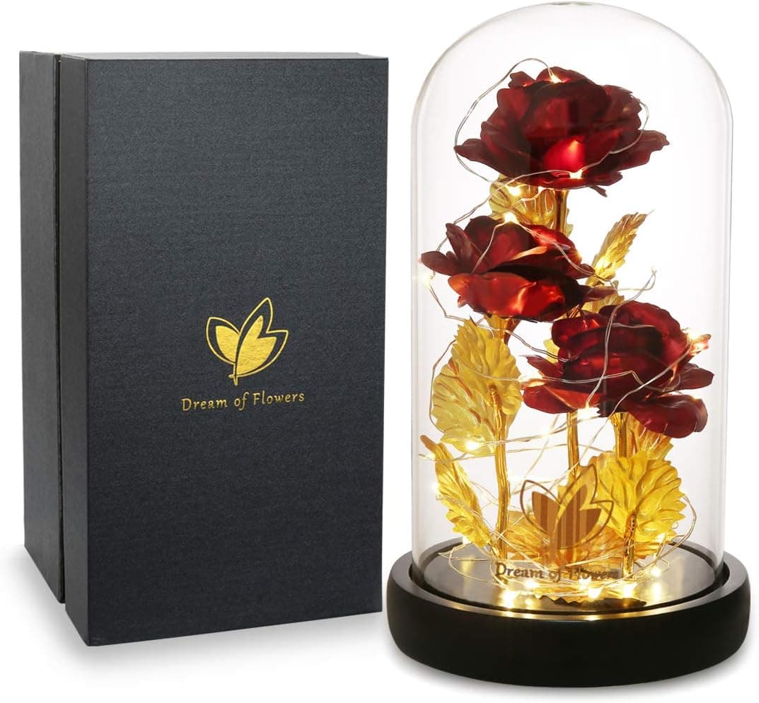 Dream of Flowers from Daughter, 24K Galaxy Artificial Rose Flower Beauty and The Beast Rose, Colorful Led Lights in The Dome Glass, Unique Gift for Mom, Valentine's Day, Anniversary