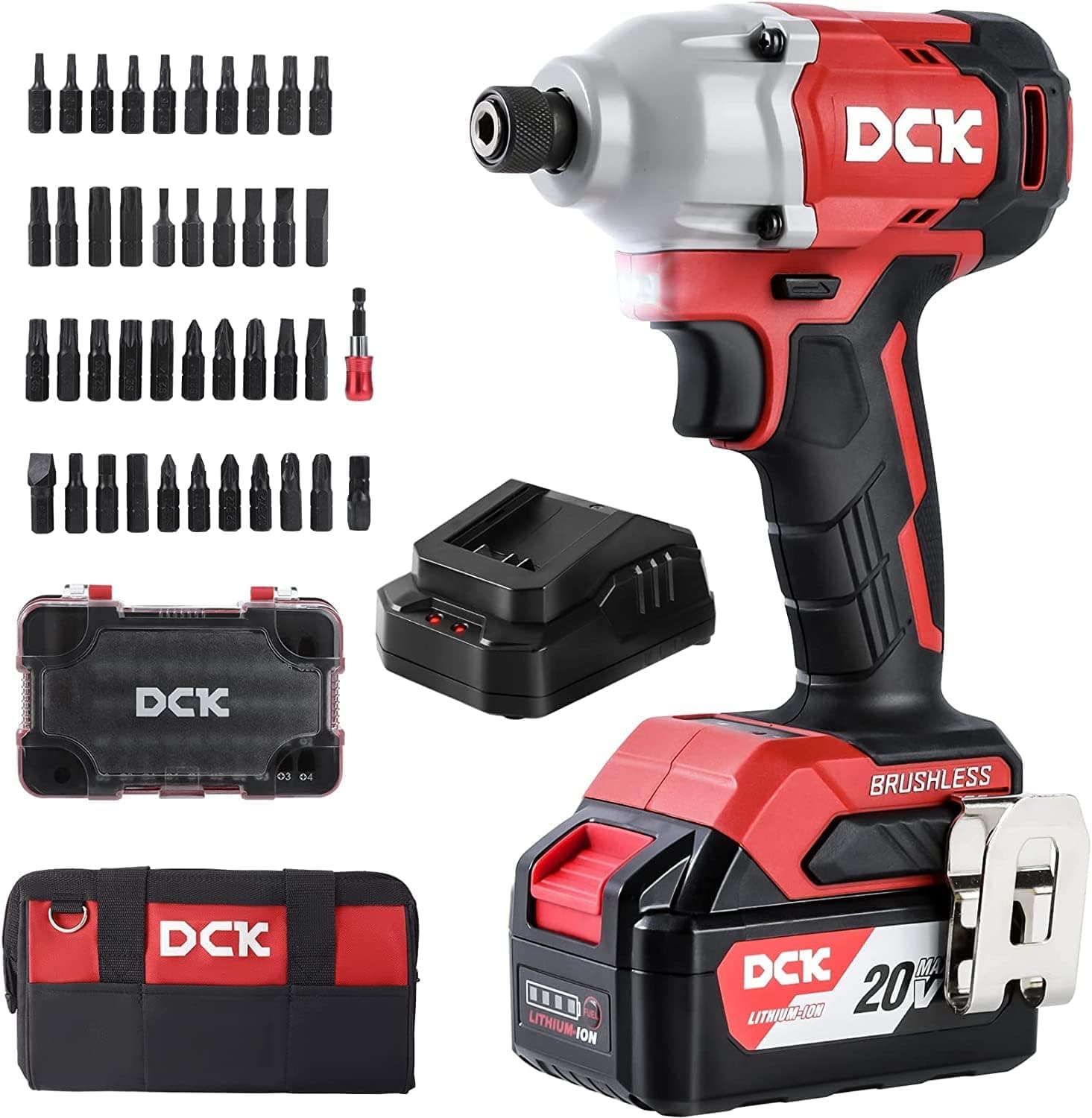 DCK Impact Driver, 20V Max Brushless Cordless Impact Driver Kit, 1600 In-lb, 1/4" All Metal Hex, Variable Speeds, 4.0Ah Battery & Charger, 42 pcs Bits, Power Impact Driver for Metal, Wood (KDPL03-14)