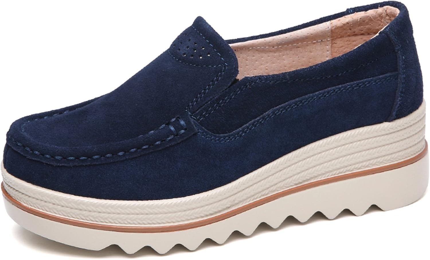SANYES Women Platform Slip On Loafers Comfort Suede Moccasins Wide Low Top Wedge Shoes SYSGX3088-Blue-40