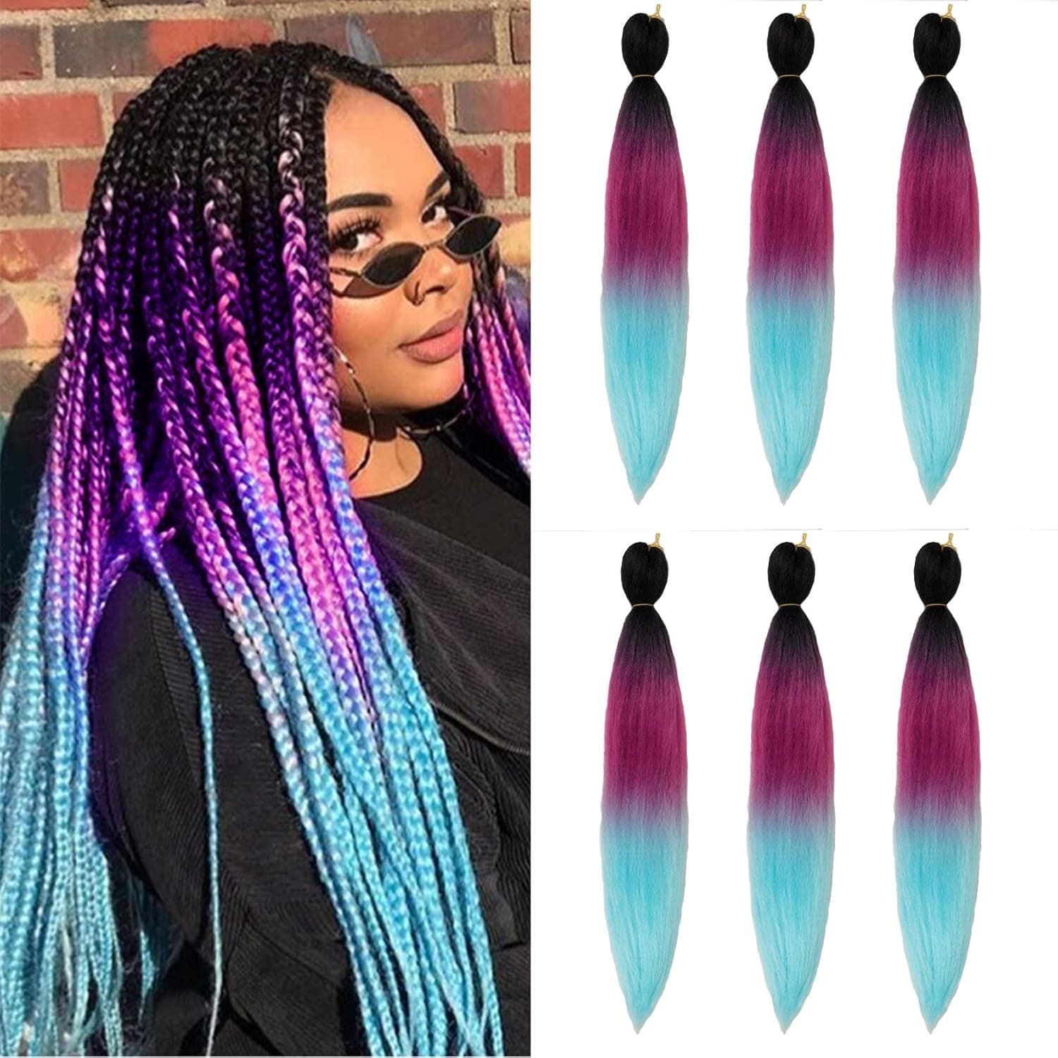 Pre Stretched Braiding Hair Extensions 26 Inch 6 Pcs Phoenixfly Omber Braiding Hair Professional Crochet Braiding Hair for Box Braids Senegal Twist Hair Extensions(Black/Purple/Light Green)