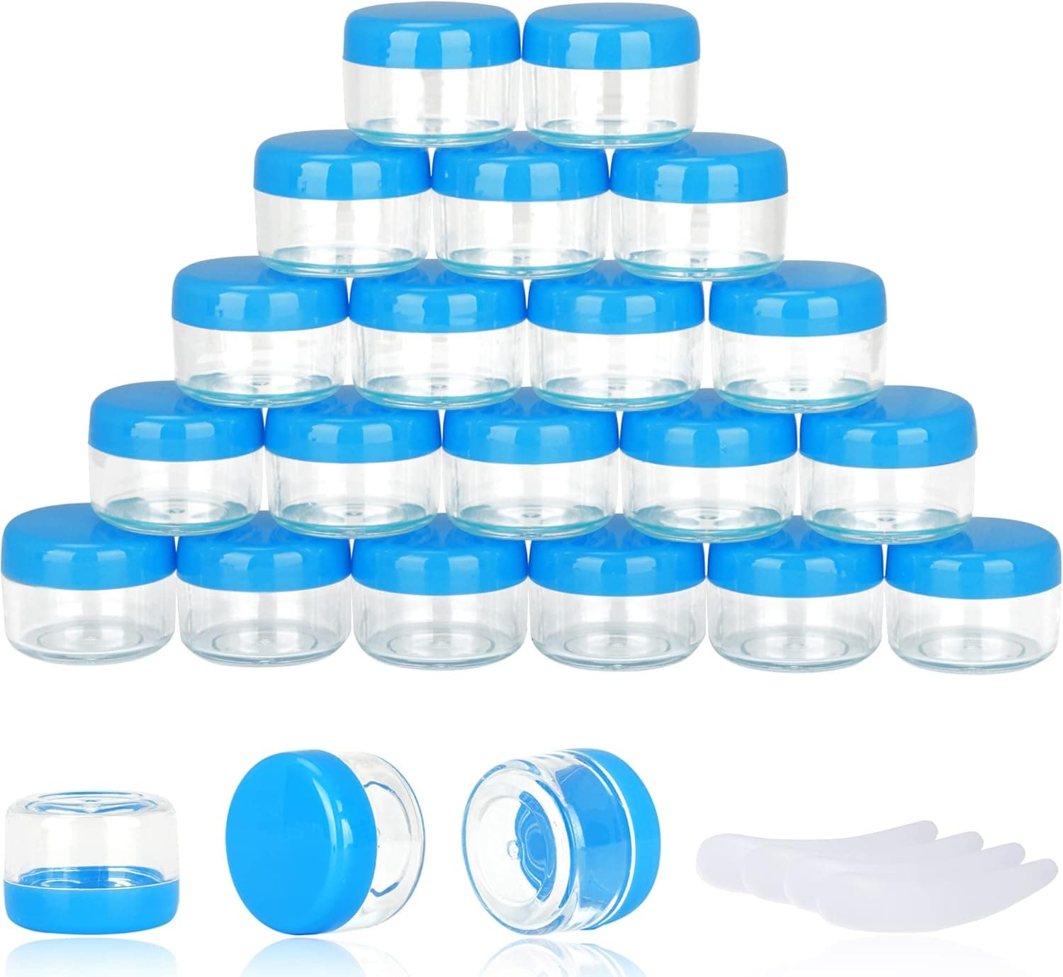 50PCS 5 Gram Sample Containers, 5ml Empty Jars with Lids, Small Cosmetic Containers, Mini Sample Jars with 4PCS Mini Spatulas for Make Up, Oils, Lotion, Powder, Paint, Jewelry, Lip Balms(Blue Lid)