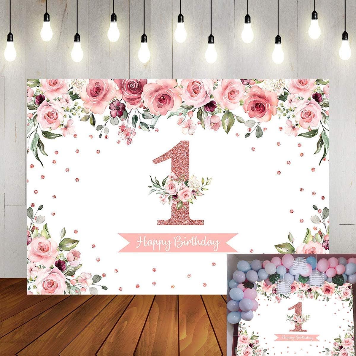 Mocsicka 1st Birthday Floral Backdrop for Girl Watercolor Flower Princess Happy Birthday Photography Background Vinyl Glitter Dots Cake Smash Party Decoration Favors Banner (5x3ft)