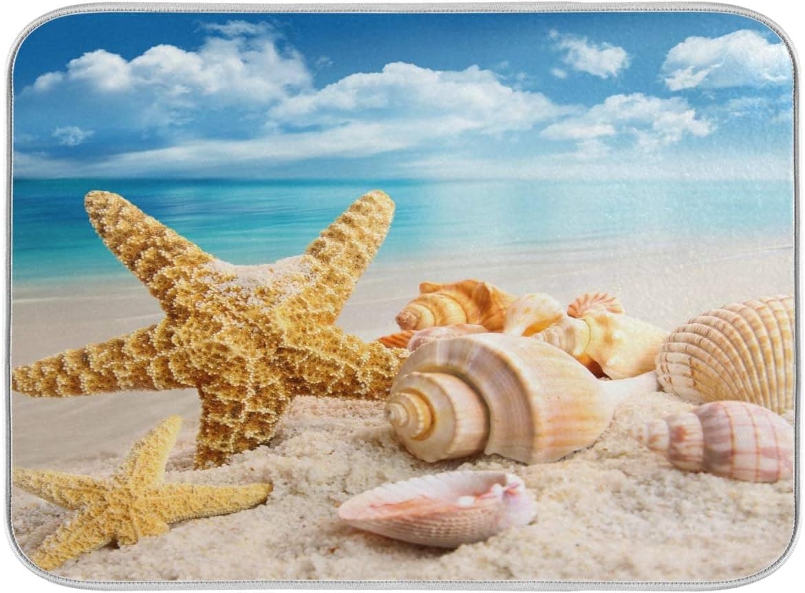 Starfish Seashells Summer Nautical Dish Drying Mat 16x18 for Kitchen Ocean Sea Beach Hawaii Dishes Pad Dish Drainer Rack Mats Absorbent Fast Dry Kitchen Accessories