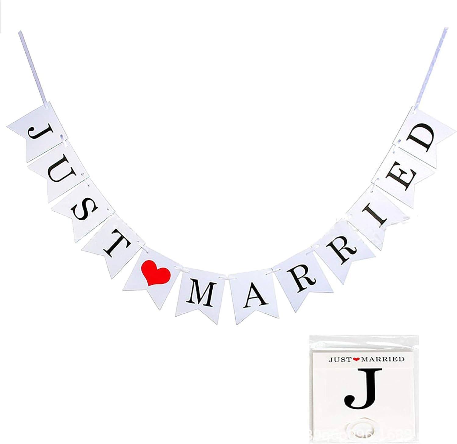 SCHOLMART Just Married Banner Happy Wedding Banner Set Wedding Decorations Reception Car Decoration Bridal Shower Engagement Photo Prop DIY (Just Married - Red Heart)