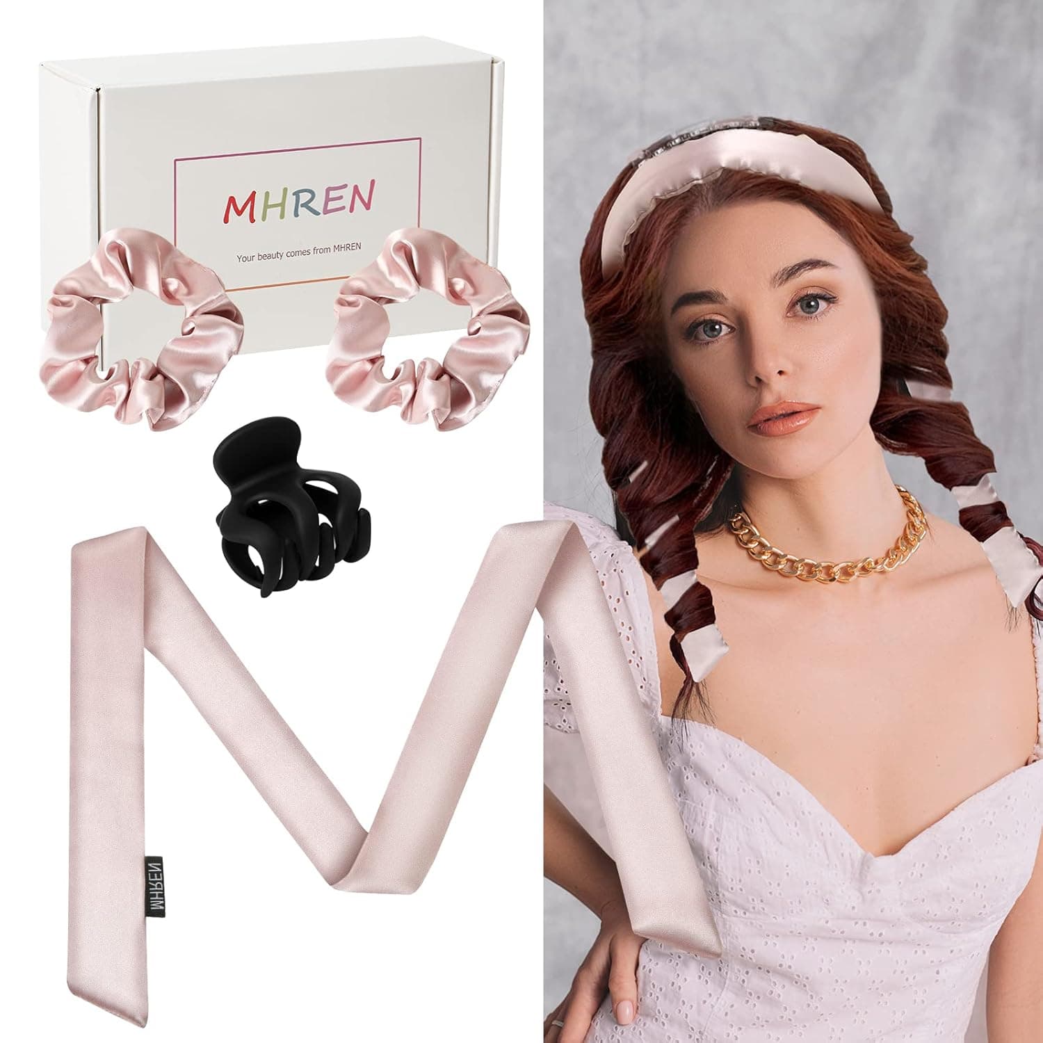 MHREN Heatless Hair Curler, Mulberry Silk Heatless Hair Curlers for Long Hair + Silk Scrunchies + Clip for Heatless Curls Styling Tools, Heatless Curling Rod Headbands for Women, Hair Curlers to Sleep In