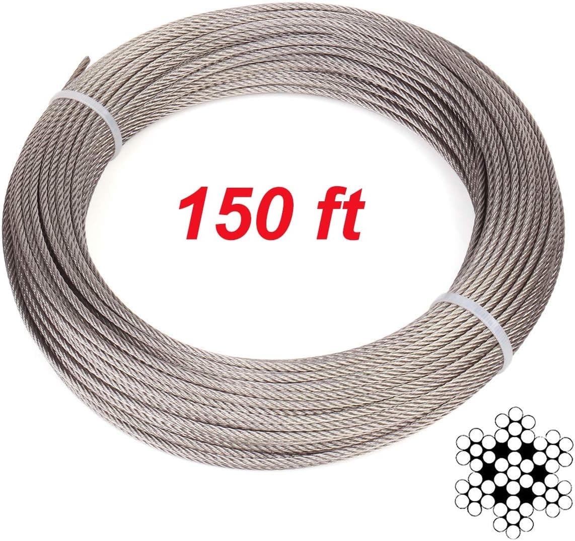 UGarden 150 Feet 1/8 Inch 7x7 T316 Marin Grade Stainless Steel Aircraft Wire Rope Cable for Deck Stair Railing Hardware DIY Balustrade