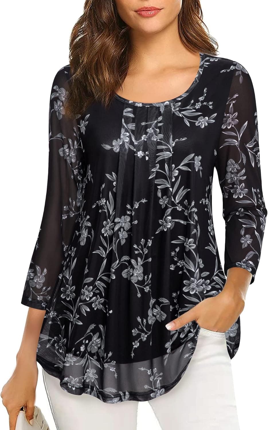VALOLIA Women's 3/4 Sleeve Tunic Tops Casual Loose Fit Floral Blouses Mesh Pleated Layered Shirt