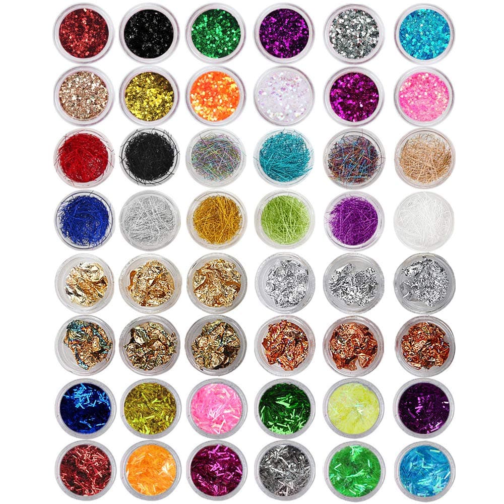 iFancer 48 Boxes Nail Art Foil Flakes Mixed Glitter Powder Colorful Laser Strips Japanese Nail Art Line for Nail Face Hair Body Art (2g/Jar)