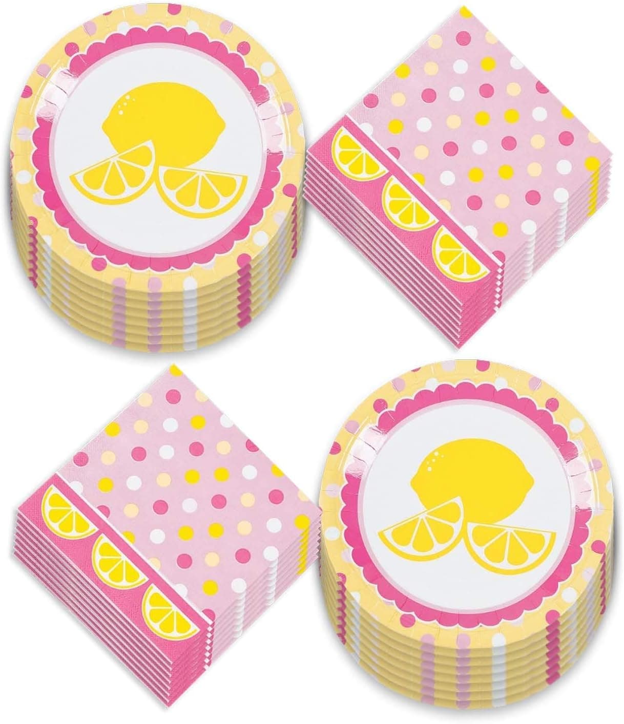 Lemon Party Supplies - Pink Lemonade Lemon Slice Paper Dinner Plates and Luncheon Napkins (Serves 16)