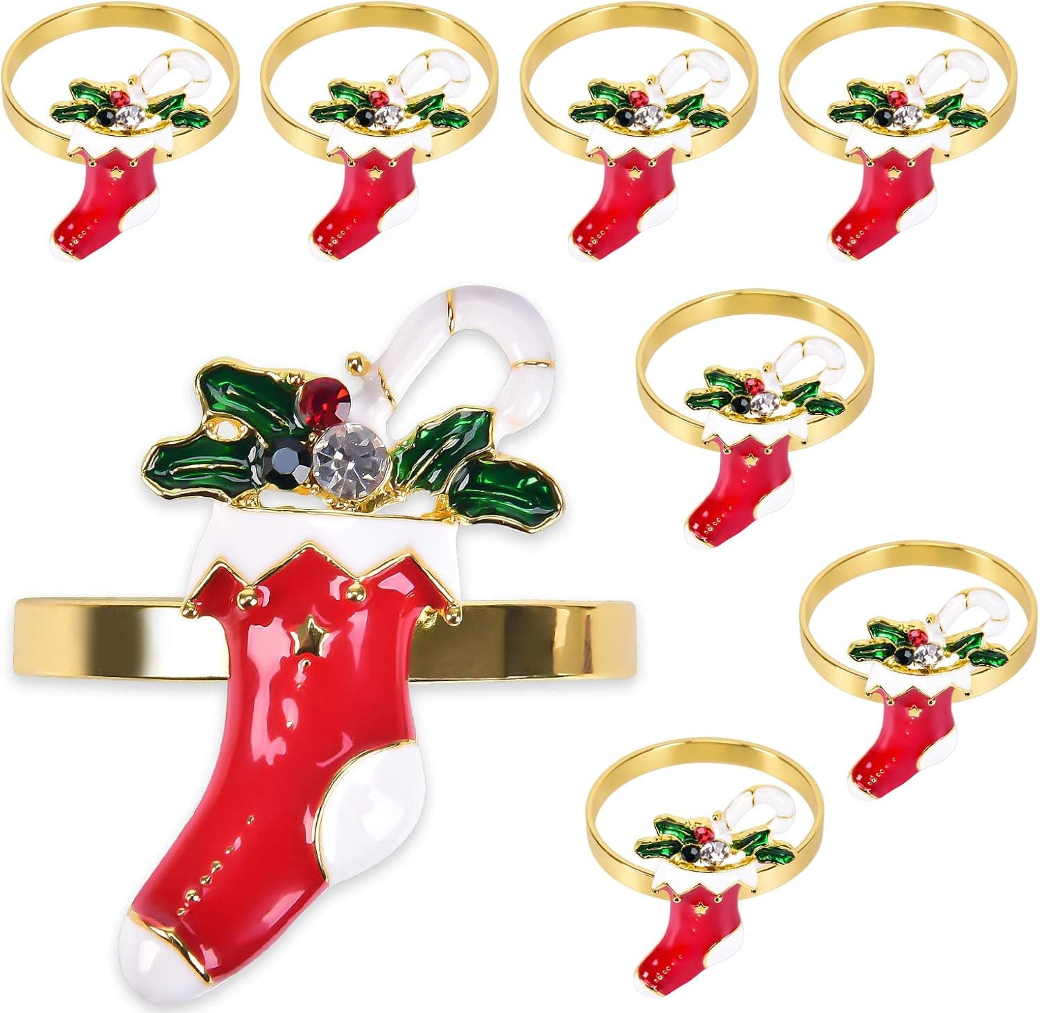 Ensunpals Set of 8 Christmas Stocking Napkin Rings, Xmas Napkin Rings for Dining Table Setting, Dinner Tables Rings for Weddings, Family, Christmas, Thanksgiving Holiday Dinner Parties Decoration