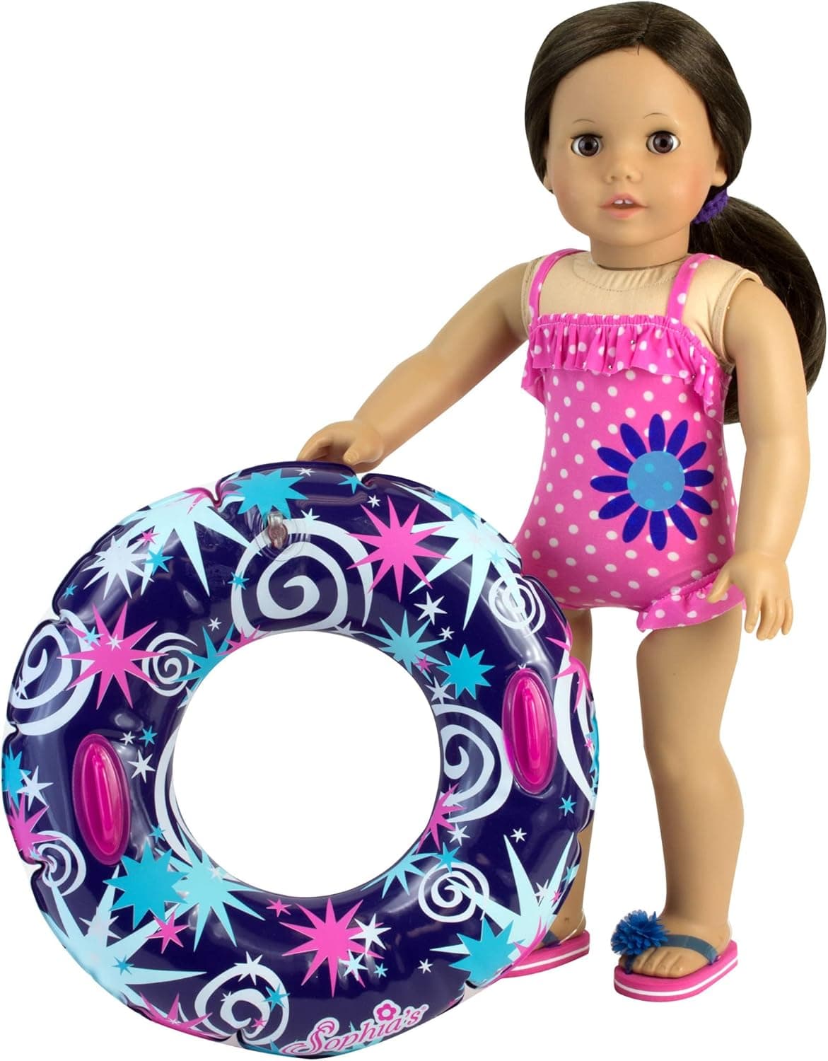 Sophia's Ruffle Polka Dot Bathing Suit and Inflatable Swirl Star Print Inner Tube Beach Accessories Set for 18" Dolls, Hot Pink/Blue