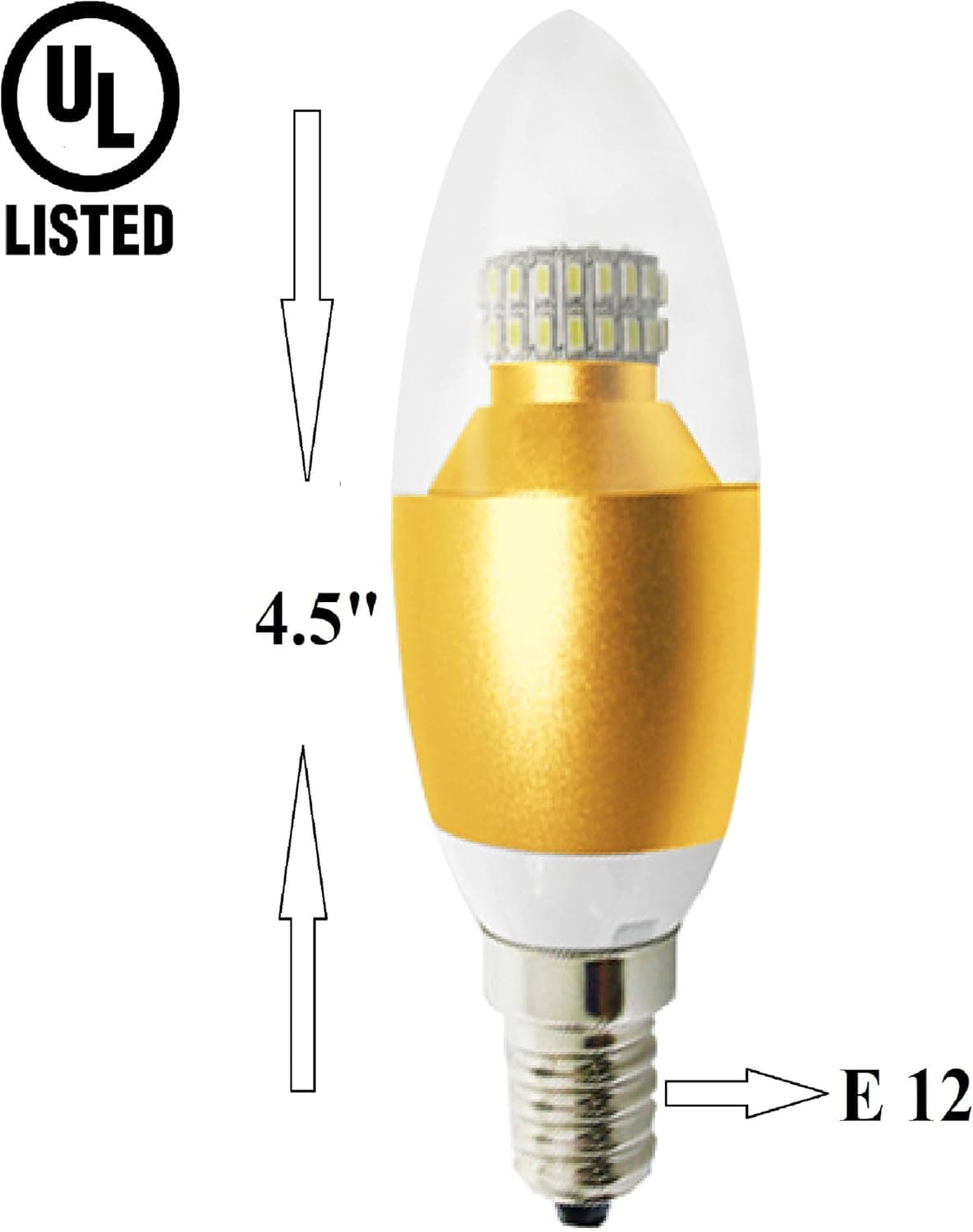 SleekLighting 6 Watt, LED Candelabra E12 Base Light Bulb (60w Incandescent Replacement), Omni Directional, 530 Lumens, Warm White 3000k, Chandelier Torpedo Shape, Clear Glass Cover, Gold Base -UL Listed-