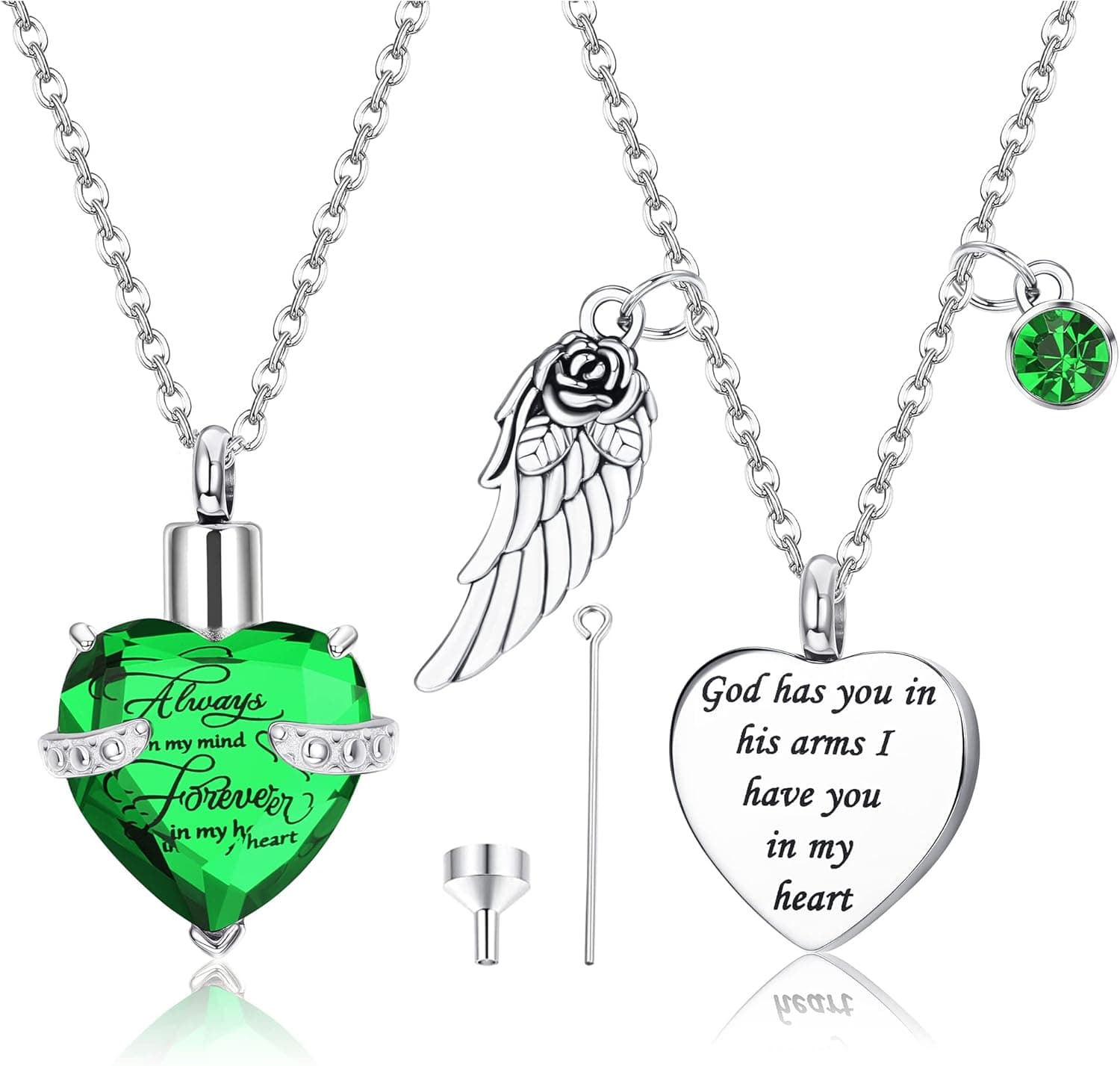 MILACOLATO 2Pcs Birthstone Urn Necklace for Ashes Stainless Steel Silver Tone Pendant Necklace Ashes Keepsake Jewelry Memorial Cremation Heart Crystal Urn Necklace