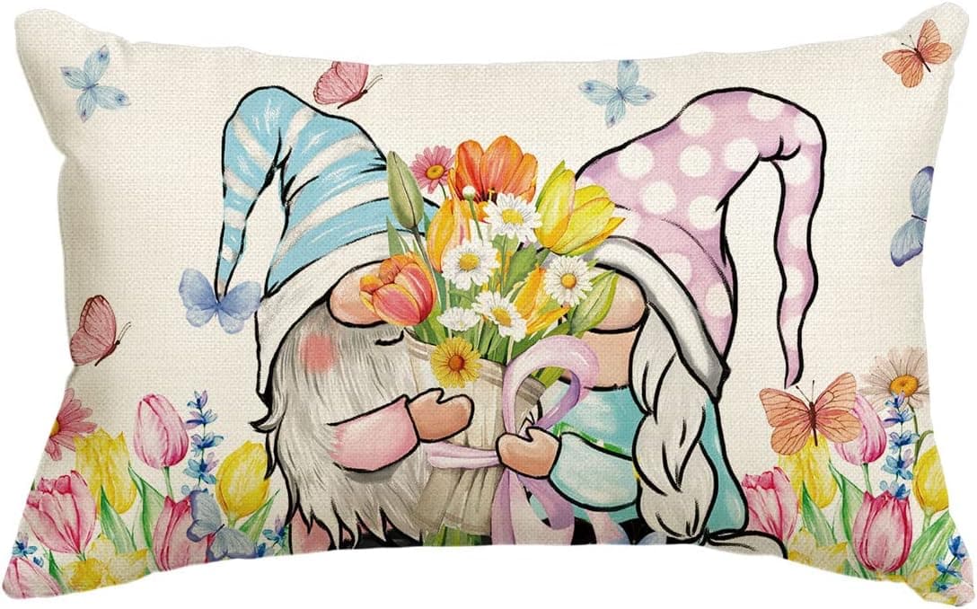 AVOIN colorlife Spring Gnomes Flowers Throw Pillow Cover, 12 x 20 Inch Tulip Lavender Cushion Case for Sofa Couch