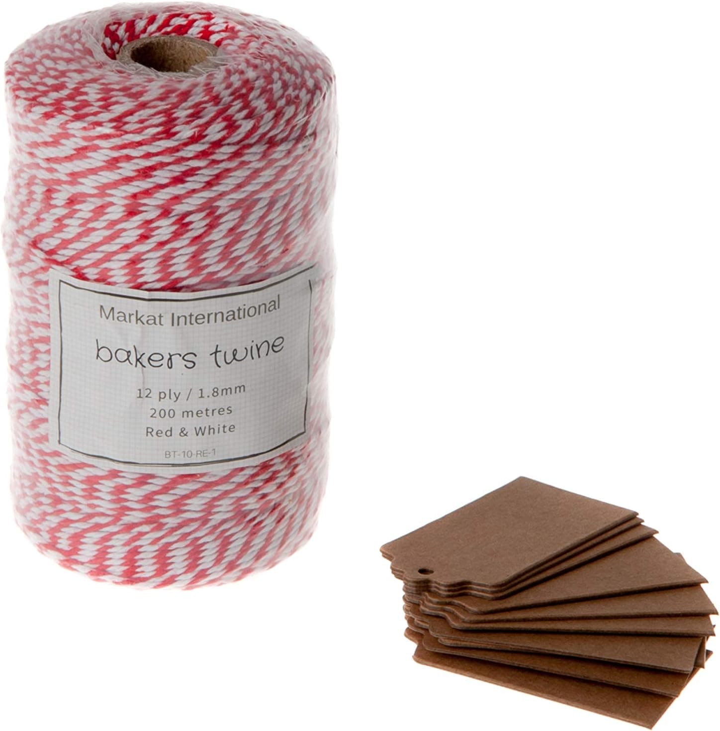 Red and White Bakers Twine Roll in 200 Metres or 656 Feet for Butcher Baking Craft Wrapping and Gardening Comes Complete with Bonus 10 Kraft Gift Tags All by Markat International.