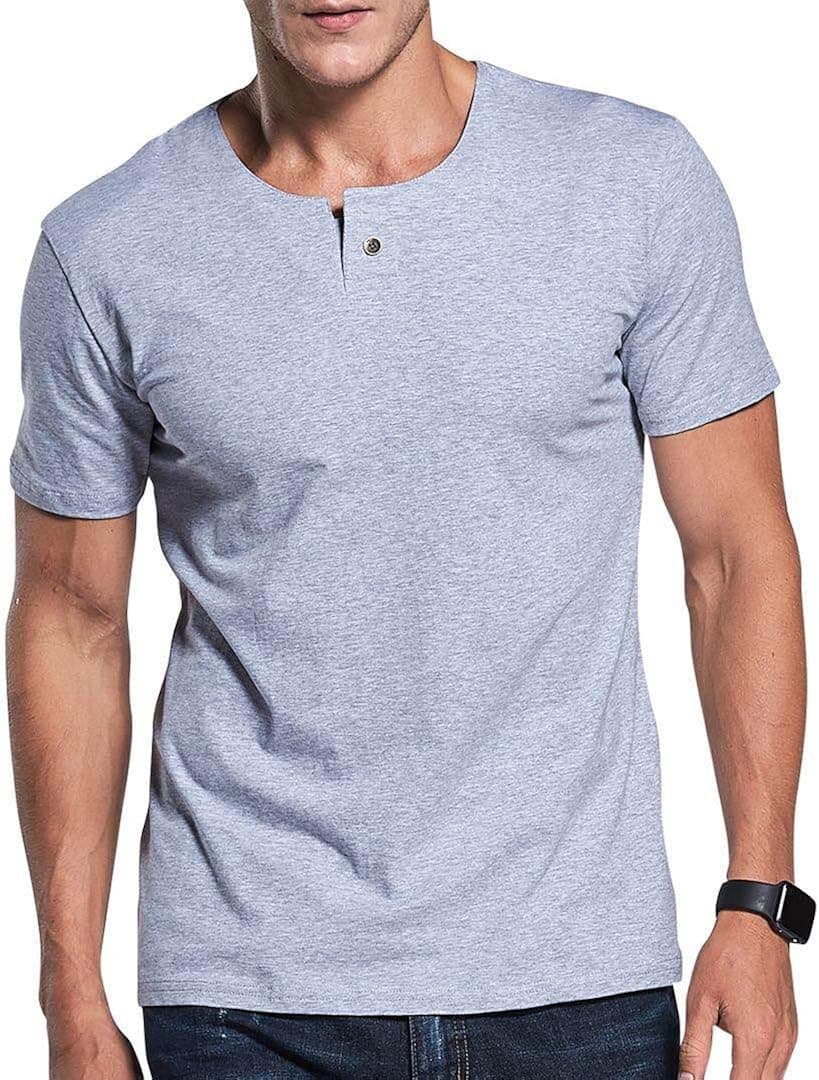 LTIFONE Mens Casual Slim fit Short Sleeve T-Shirt Single Button Placket Plain Henley v Neck Shirt(Grey,S)