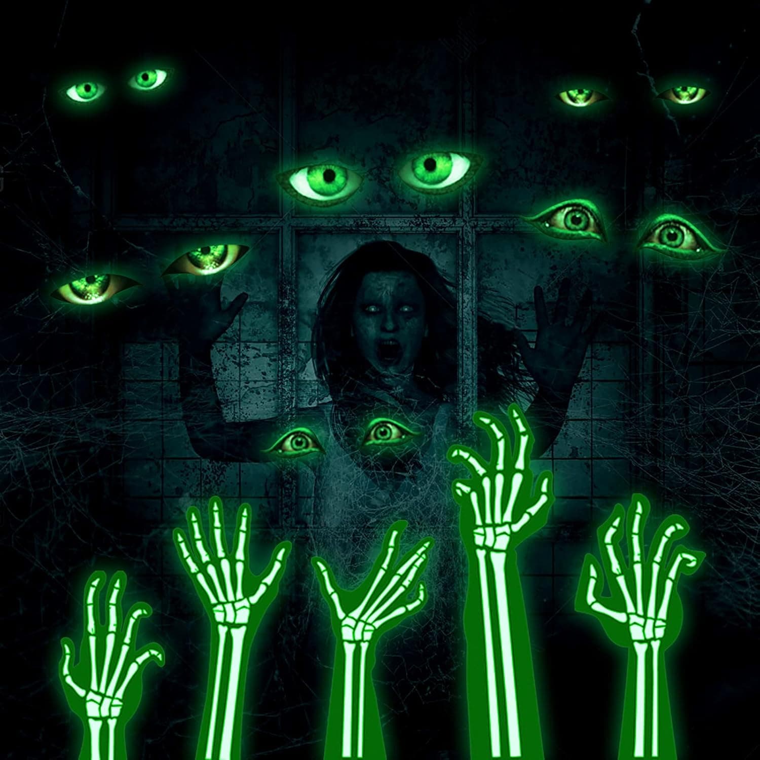 HUHUTU Luminous Wall Stickers Window Clings Decals Halloween Party Decorations Ghost Eye & Ghost Hand