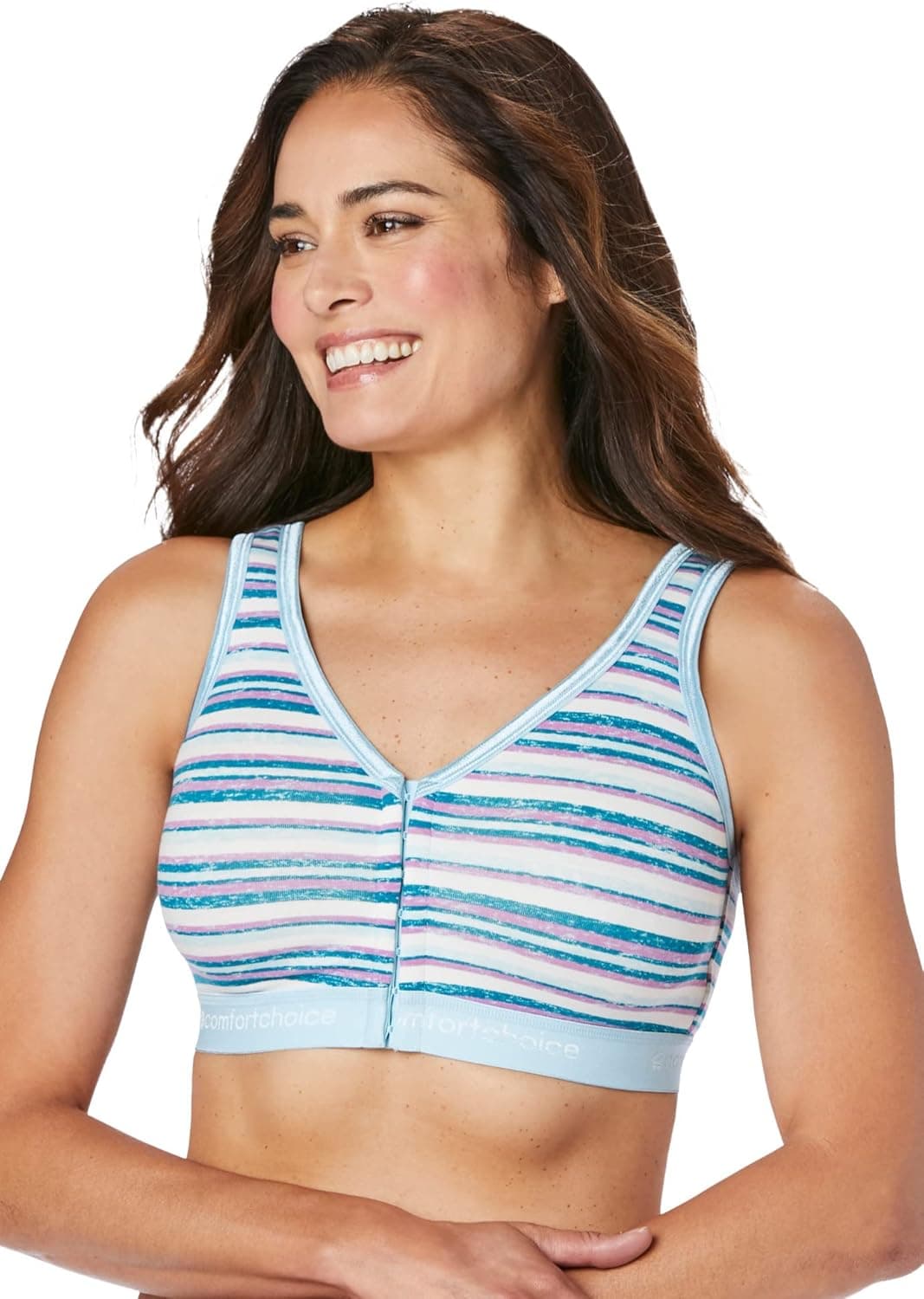 Comfort Choice Women's Plus Size Wireless Front-Close Lounge Bra - 48 DDD, Deep Teal Multi Stripe Blue