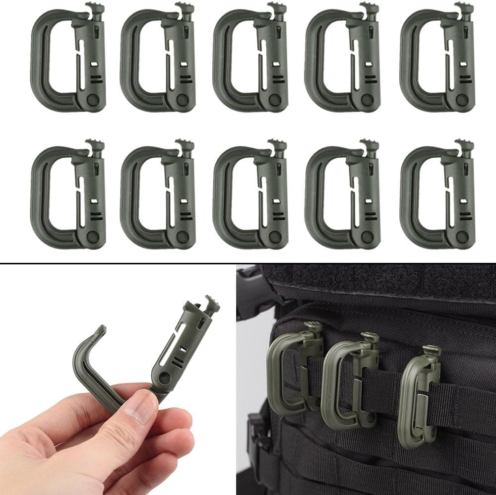 XTACER Tactical Multipurpose Small D-Ring Locking Hanging Hook Tactical Link Snap Keychain Button Release for Molle Webbing (Set of 10)