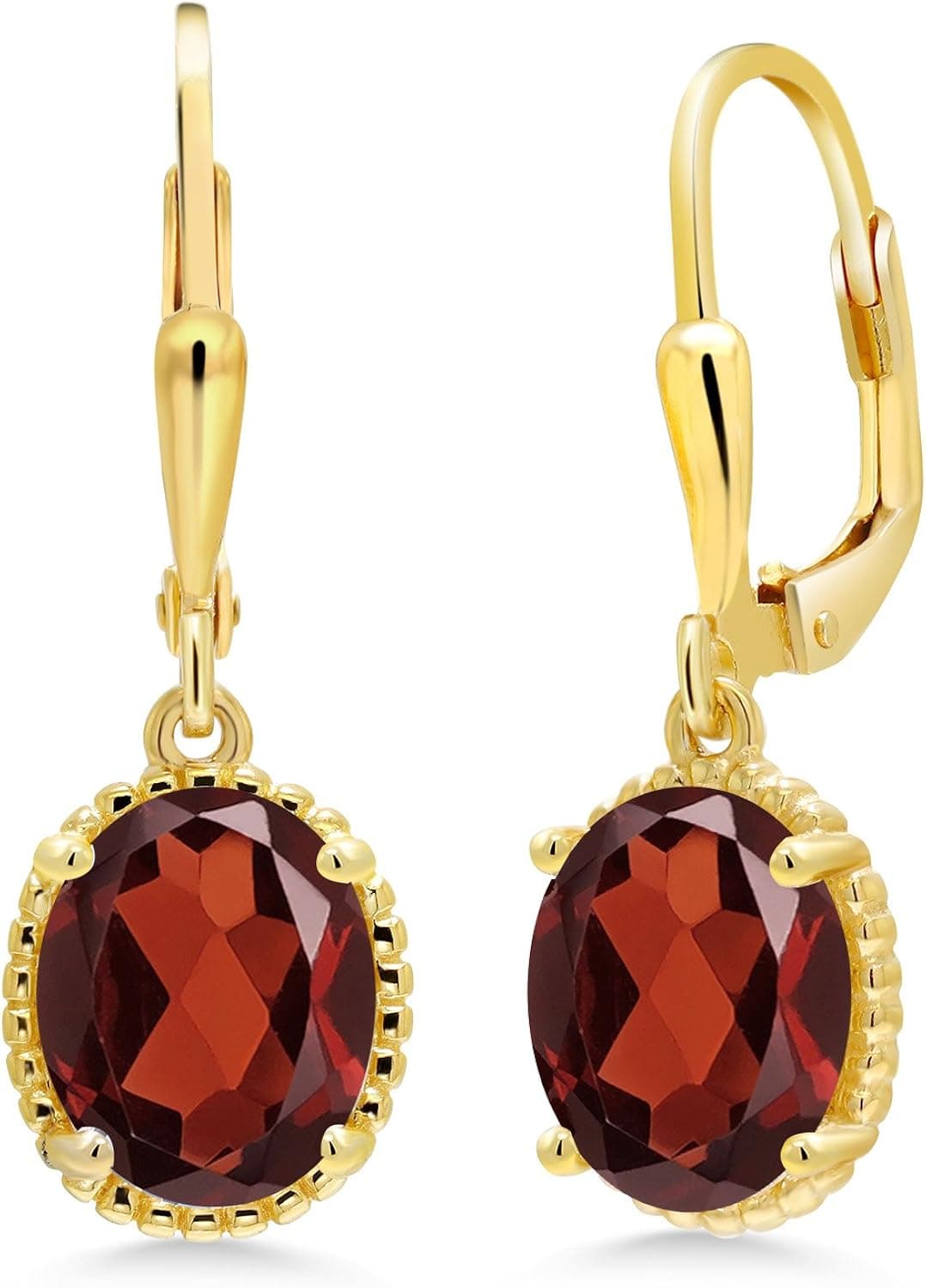 Gem Stone King 18K Yellow Gold Plated Silver Red Garnet Dangle Earrings For Women (3.60 Cttw, Gemstone Birthstone, Oval 9X7MM)