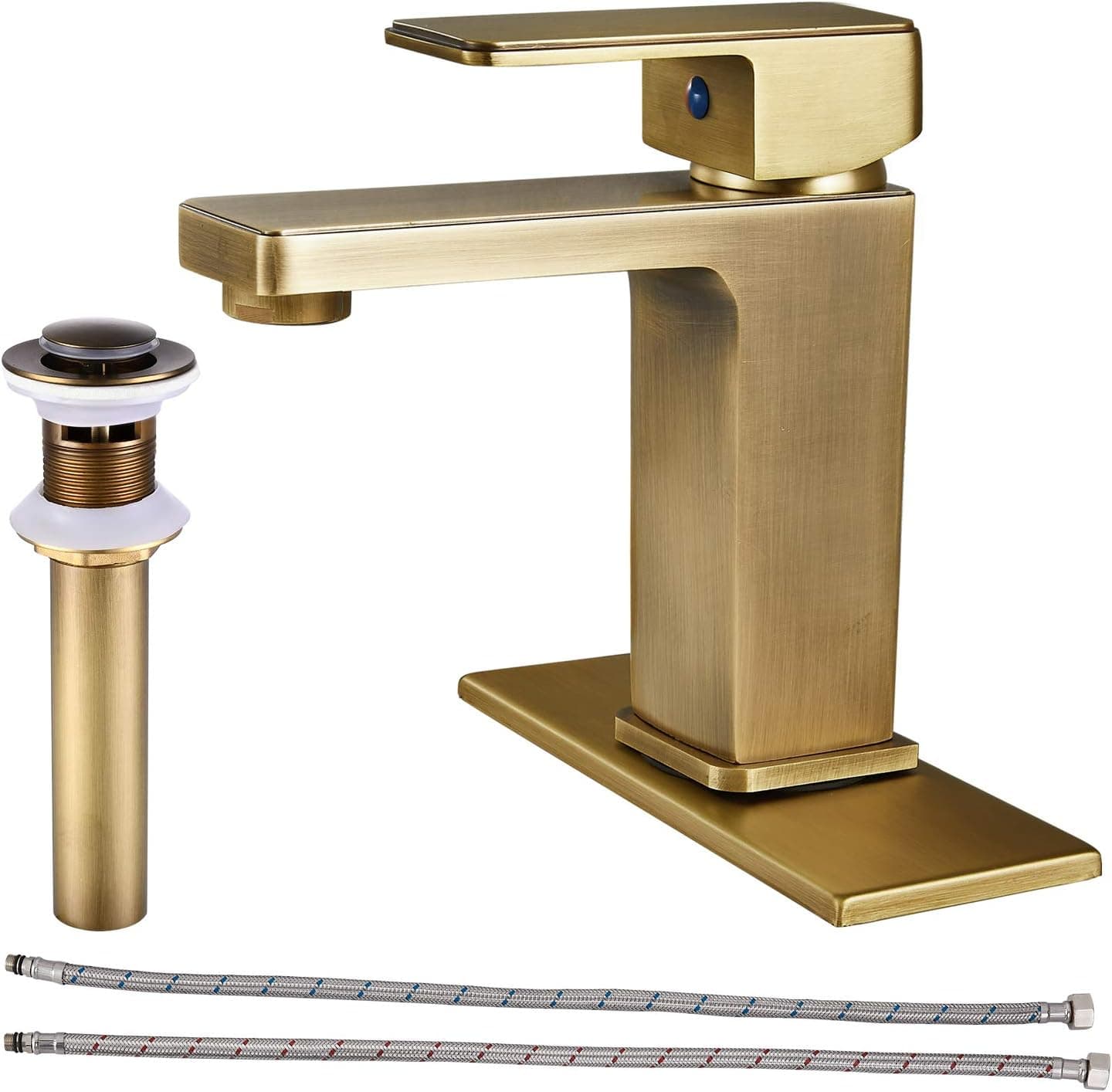 Antique Brass Bathroom Sink Faucet Single Handle Lavatory Vanity Mixer Single Hole Deck Mount Tap with Pop Up Drain