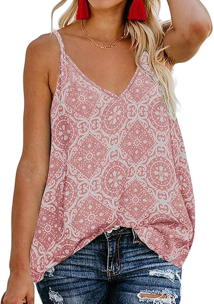 Women Summer V Neck Boho Floral Print Tank Tops Casual Sleeveless Shirts Camis D-Pink