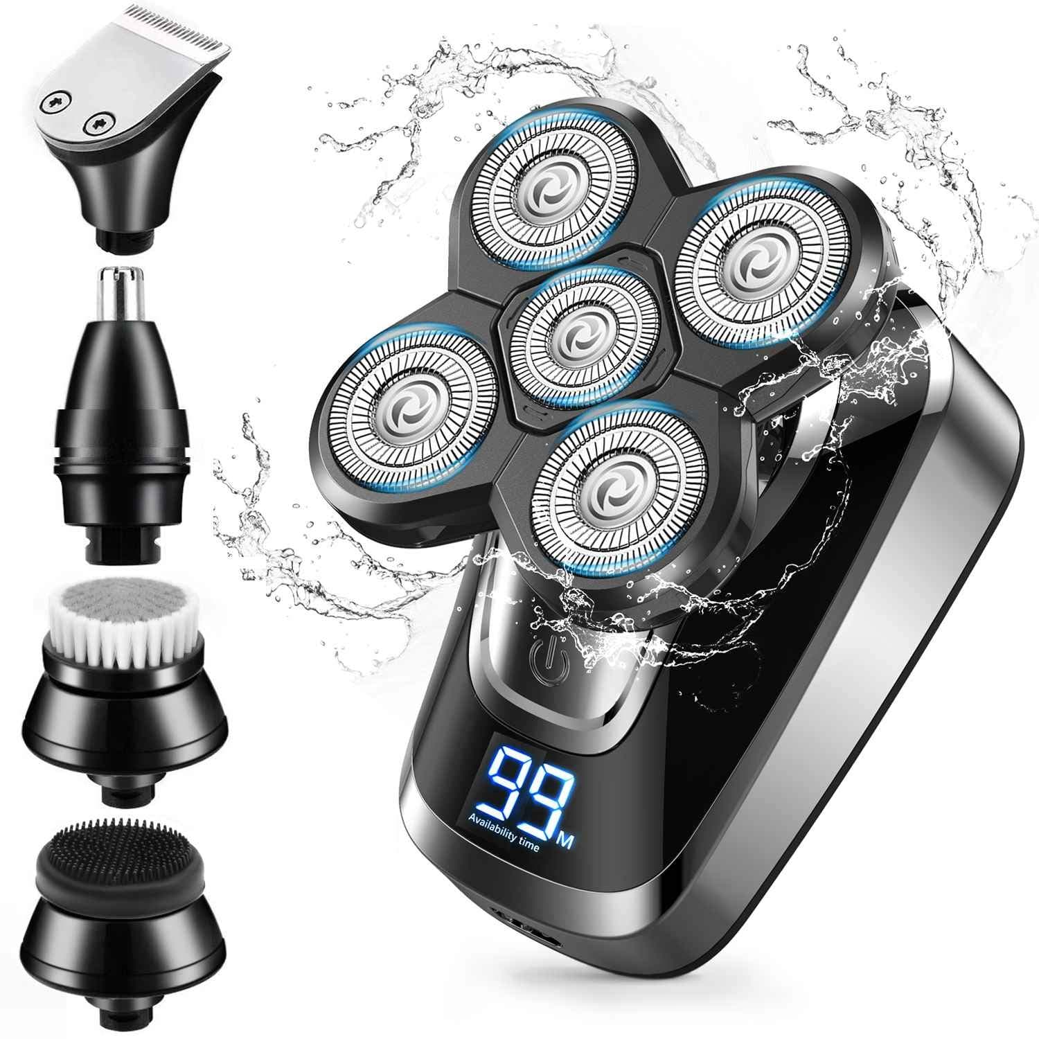 POVOS Electric Shavers for Men, 5 in 1 Waterproof Head Shavers for Bald Men, Cordless Rechargeable Rotary Electric Razor with LED Display, Bald Head Shaver Grooming Kit with Nose Trimmer Hair Clipper