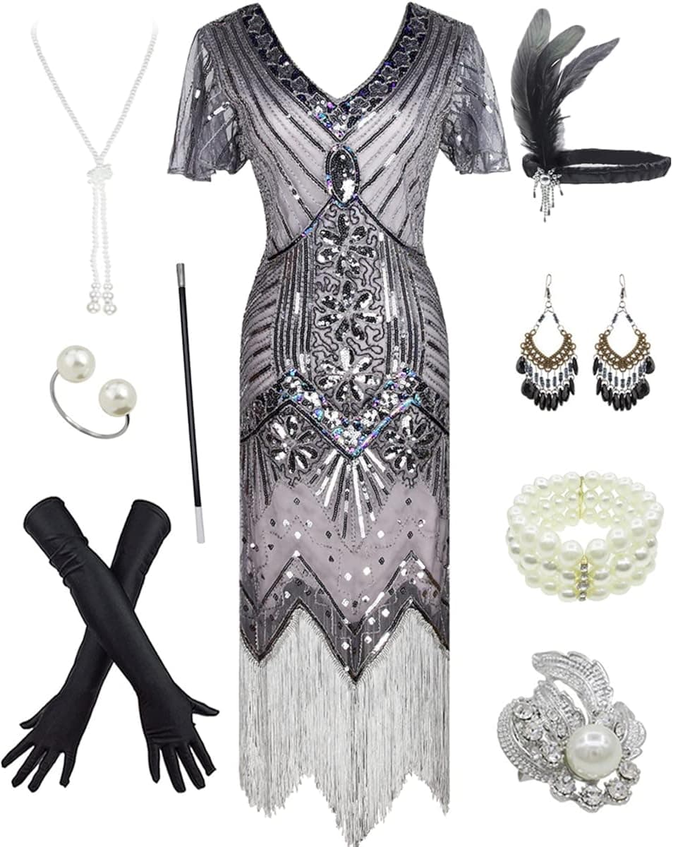 Fancy Clothing Women's 1920s Gatsby Inspired Sequin Beads Long Fringe Flapper Dress w/Accessories Set