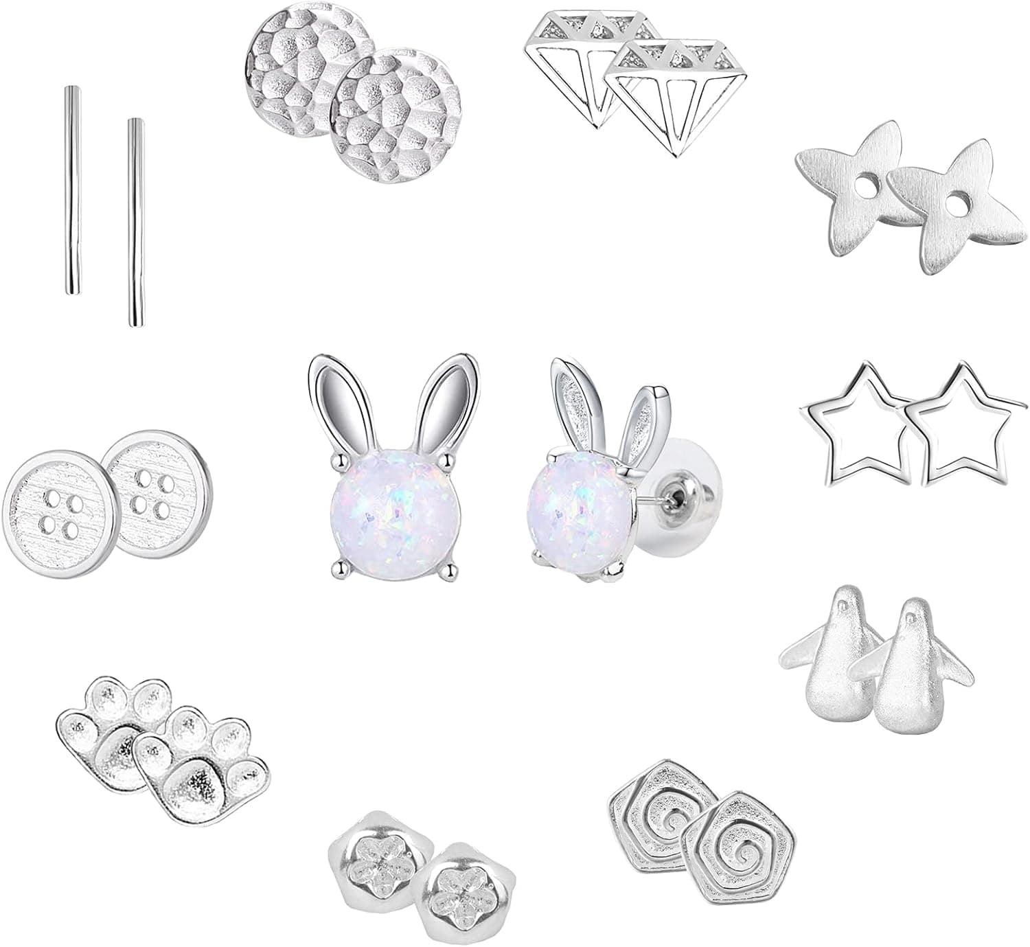 NEWITIN 11 Pairs 925 Sterling Silver Stud Earrings for Women Hypoallergenic Earrings Silver Ear Stud Cute Earrings for Girls