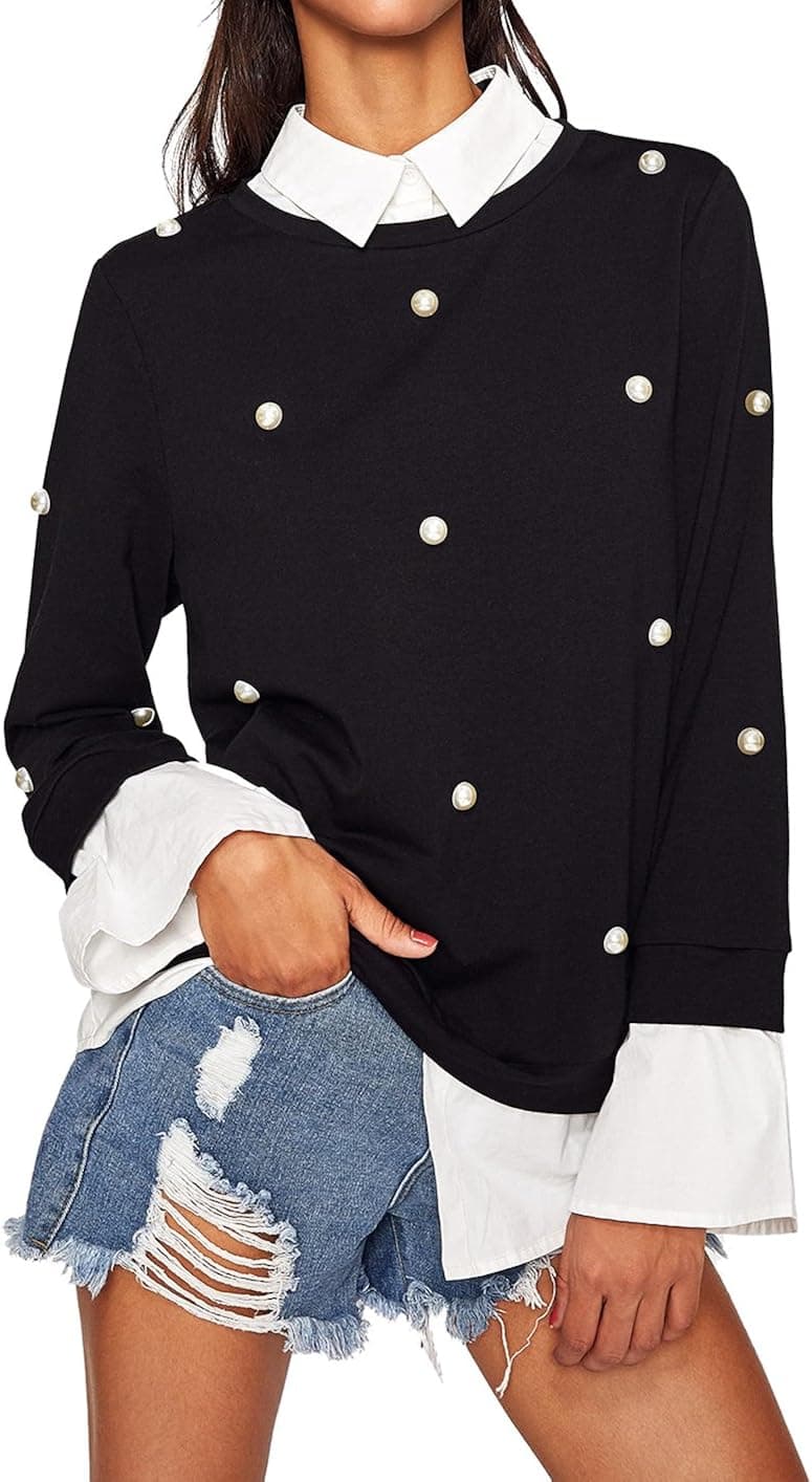 Floerns Women's Peter Pan Collar Beading Long Sleeve Sweatshirt Black-1 M