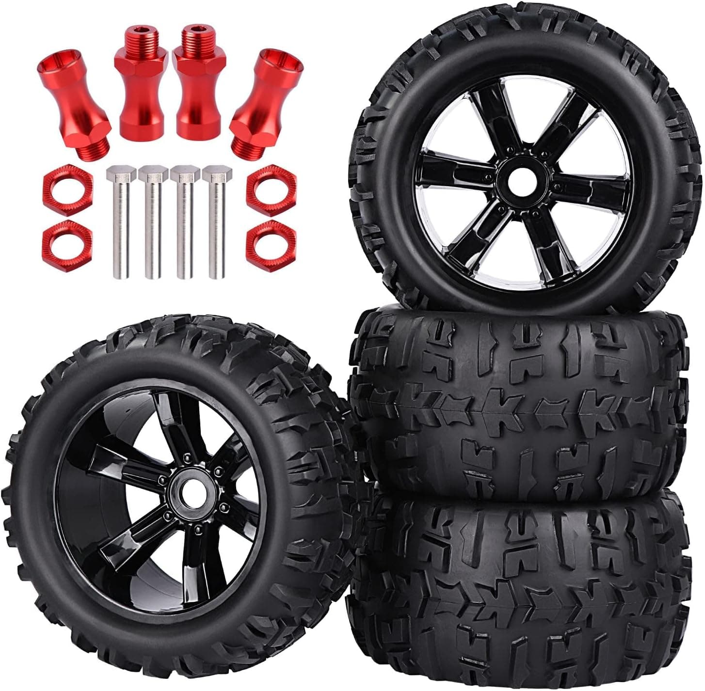 Aimrock Hobbies 17mm Hex Pre-Glued Wheels&Tires and 12mm to 17mm Wheel Hubs Extensions (Red) Upgrade for 1/10 RC Off-Road Monster Truck