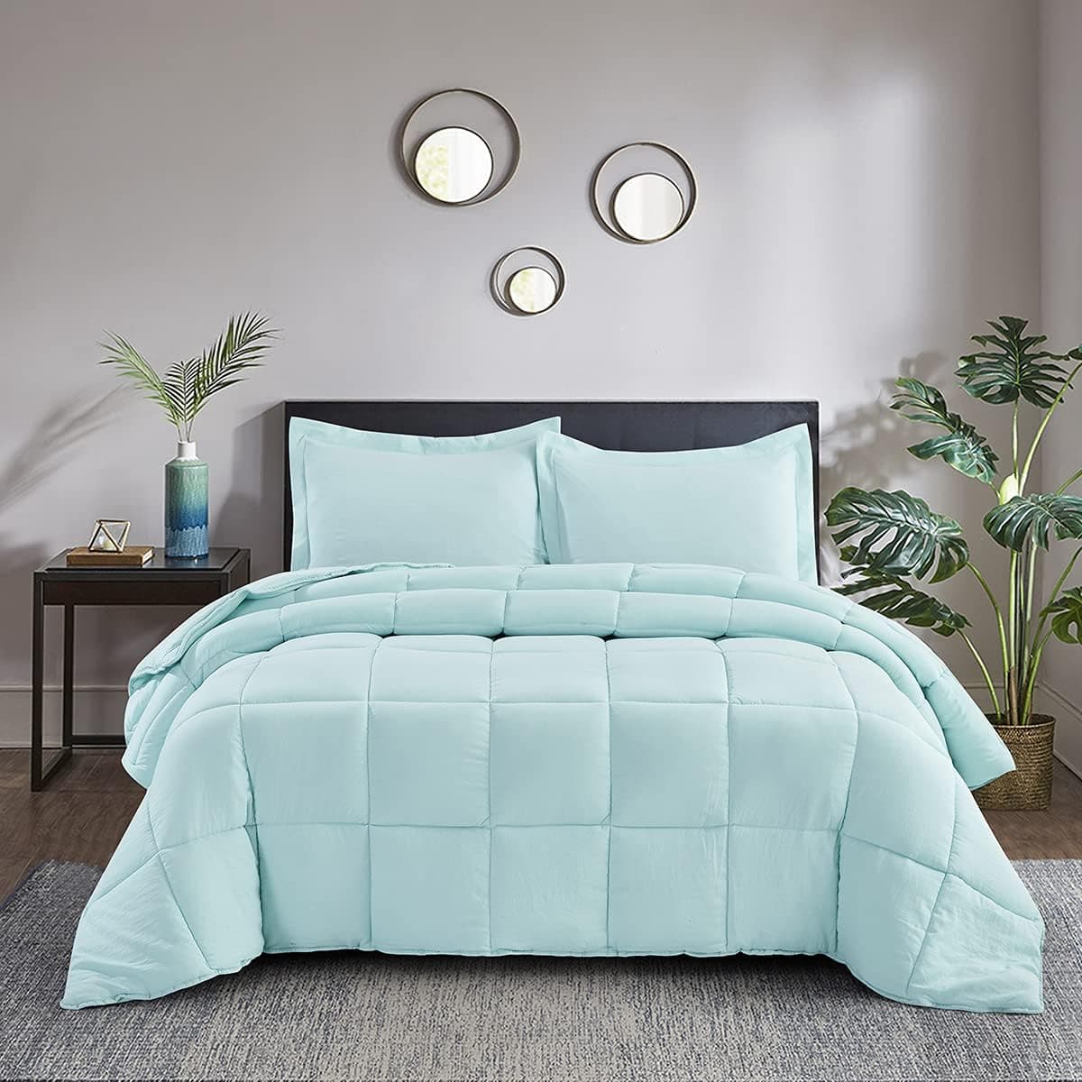 HIG Pre Washed Down Alternative Comforter Set Queen - Reversible Chic Quilt Desgin -Box Stitched with 4 Corner Tabs -Lightweight for All Season -Aqua Duvet Comforter with 2 Pillow Shams