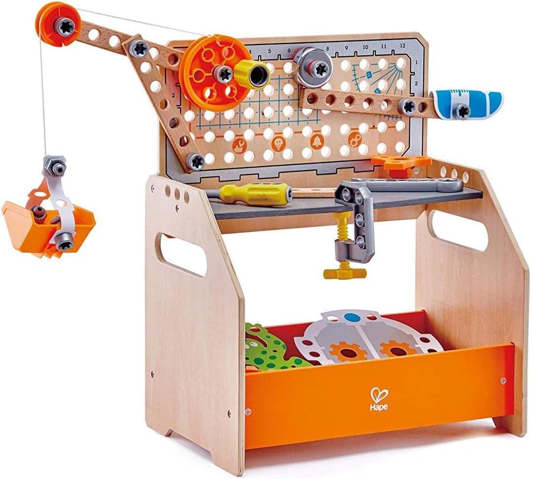 Hape Discovery Scientific Workbench | Kids Construction Toy, Children’s Workshop with Over 10 Possible Creations, Toys for Kids 4+, Multicolored (E3028) L: 14.4, W: 9.6, H: 17.5 inch