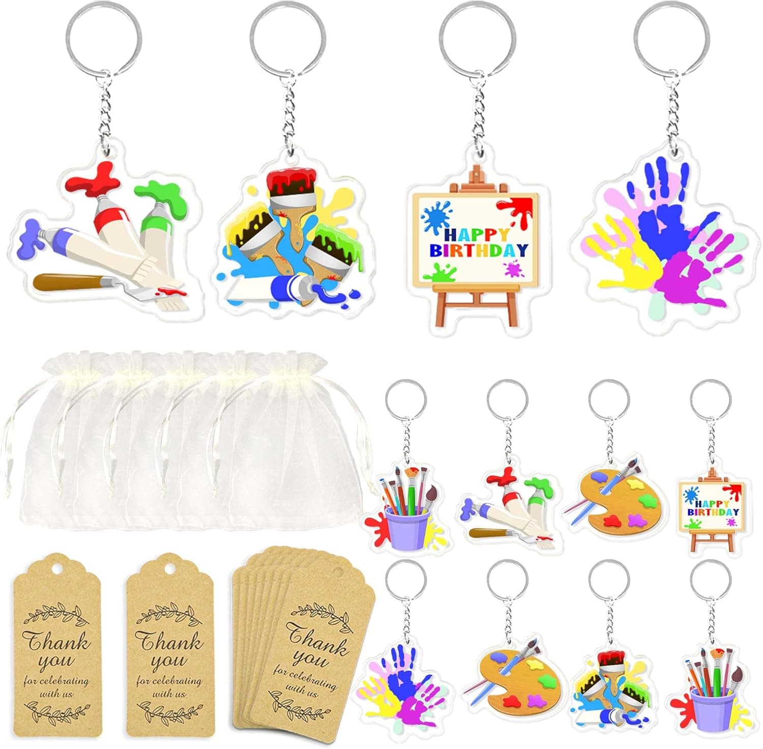 Art Paint Party Favors, Art Painting Birthday Party Art Party Favors 12 Sets with Keychains Thank You Kraft Tags and Organza Bags for Paint Brushes Birthday Party School Party Supplies