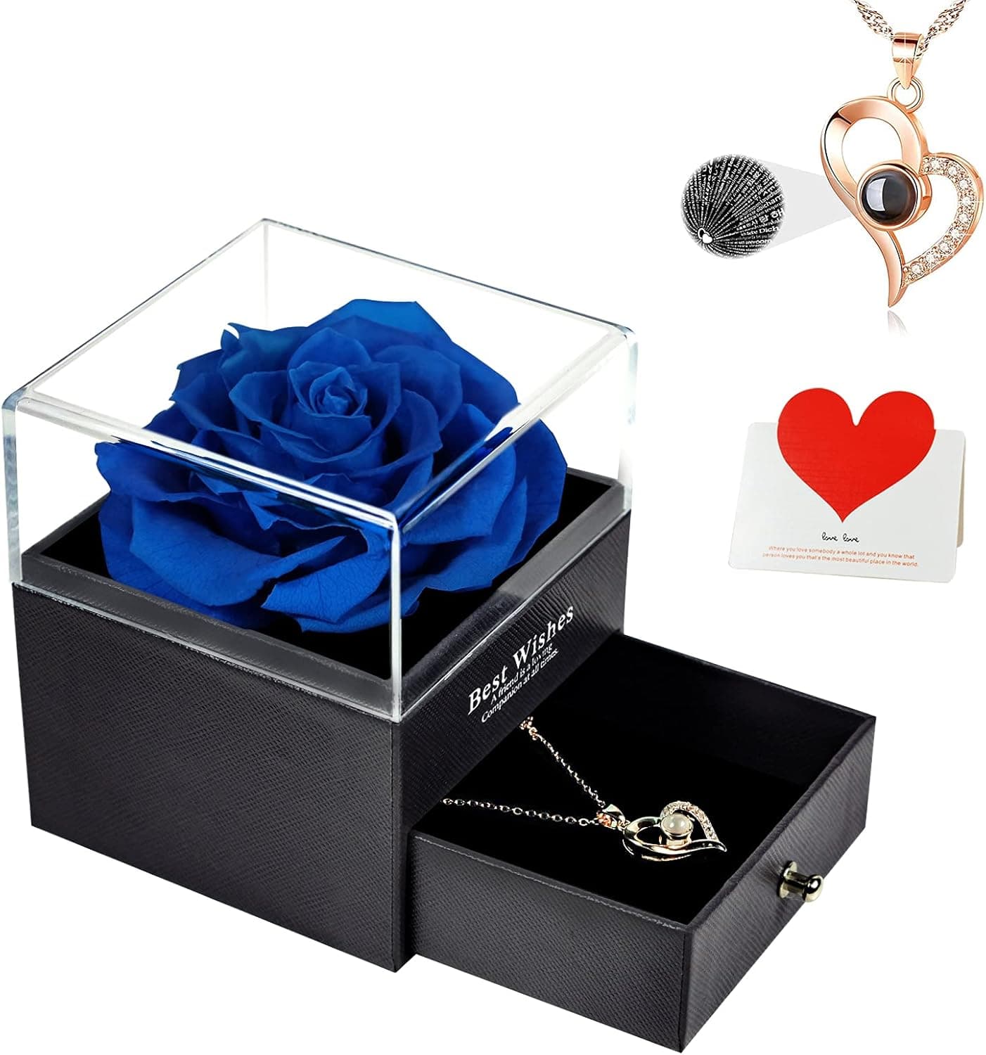DUOSME Preserved Real Rose with I Love You Heart Necklace, Birthday Gifts for Women Mom Her Girlfriend Wife, Romantic Forever Eternal Flower for Mothers Day Anniversary from Daughter Son, Blue Roses