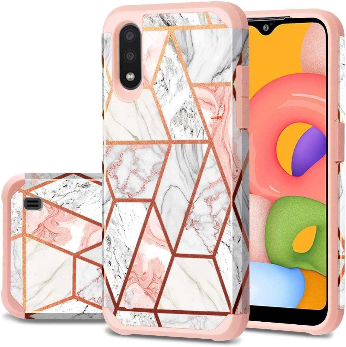 Fingic Samsung Galaxy A01 Case, Galaxy A01 Case, Rose Gold Marble Design Shiny Glitter Bumper Hybrid Hard PC Soft Rubber Silicone Cover Anti-Scratch Shockproof Protective Case 5.7 inch 2020, Rose Gold