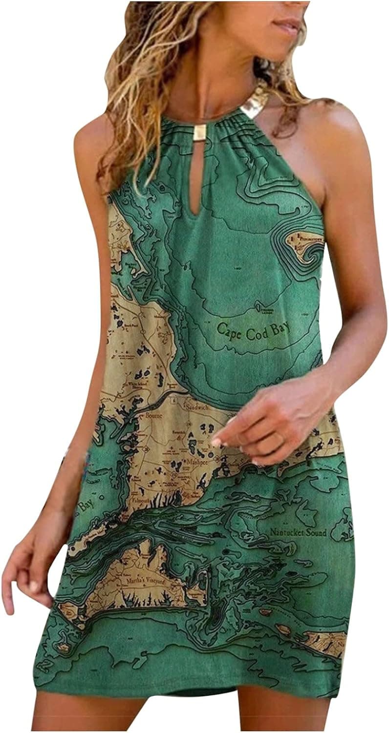 OPFWTYNAW Fashion Women's Summer Sleeveless Casual Metal Hanging Neck Printed Strapless Dress Comfy Beach Sundress