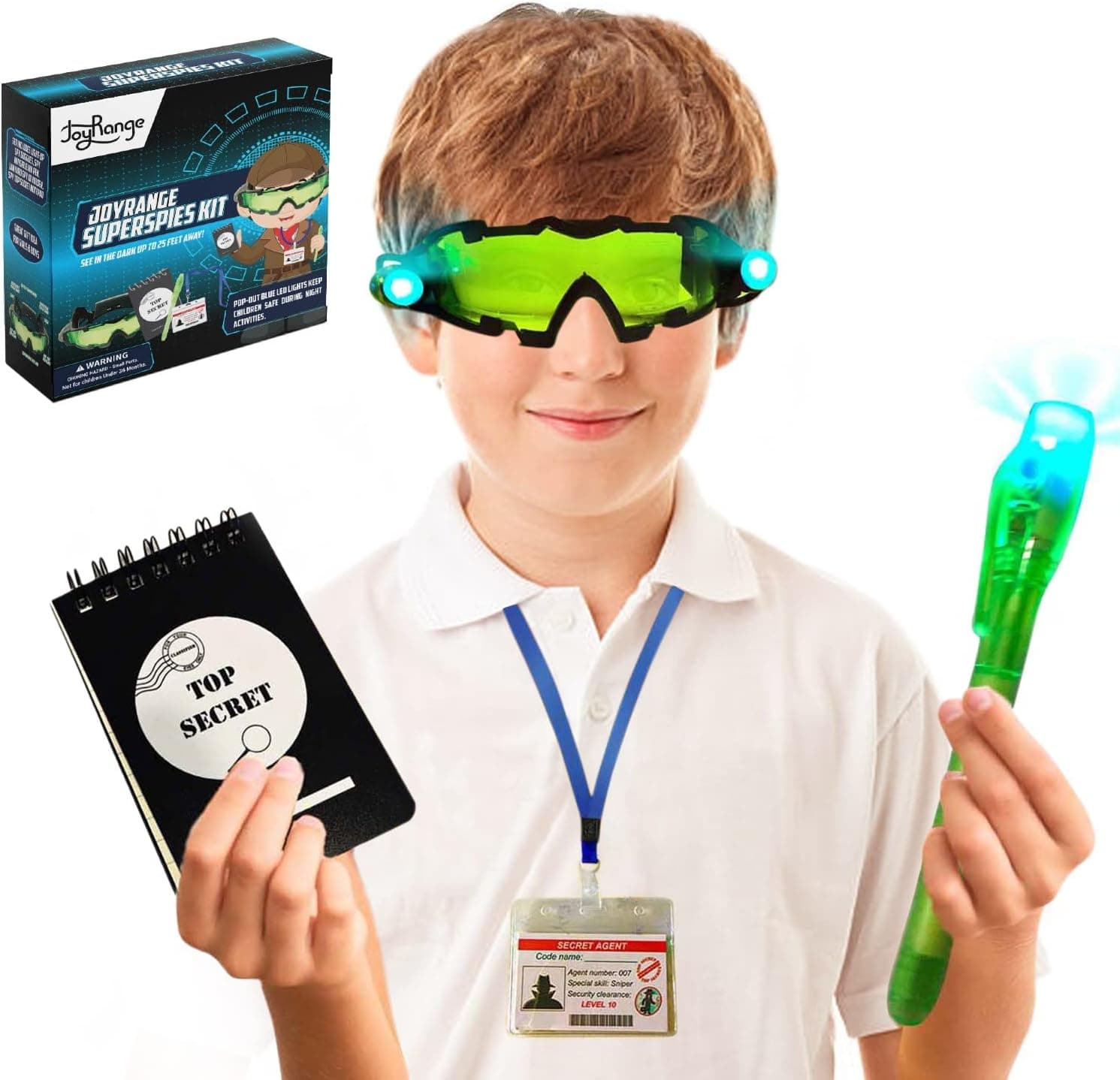 JOYRANGE Kids Night Vision Goggles + Invisible Ink Pen + Top Secret Notepads + ID Card Holder - Night Mission Goggles with 2 Flip-Out Lights - Play Secret Agent with 3 Cool Spy Gadgets Included