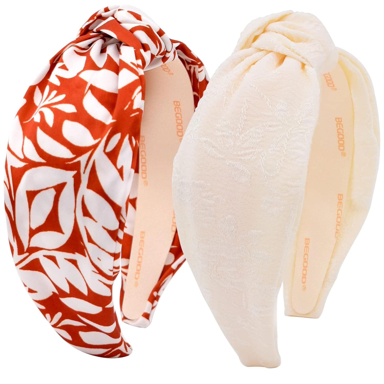 BEGOOD Knotted Headband for Women Beige Jacquard Womens Knotted Headbands Red Tropical Wide Headbands Fashion Hairbands for Women's Hair Designer Summer Headbands Turban Hair Accessories for Girls 2Pcs